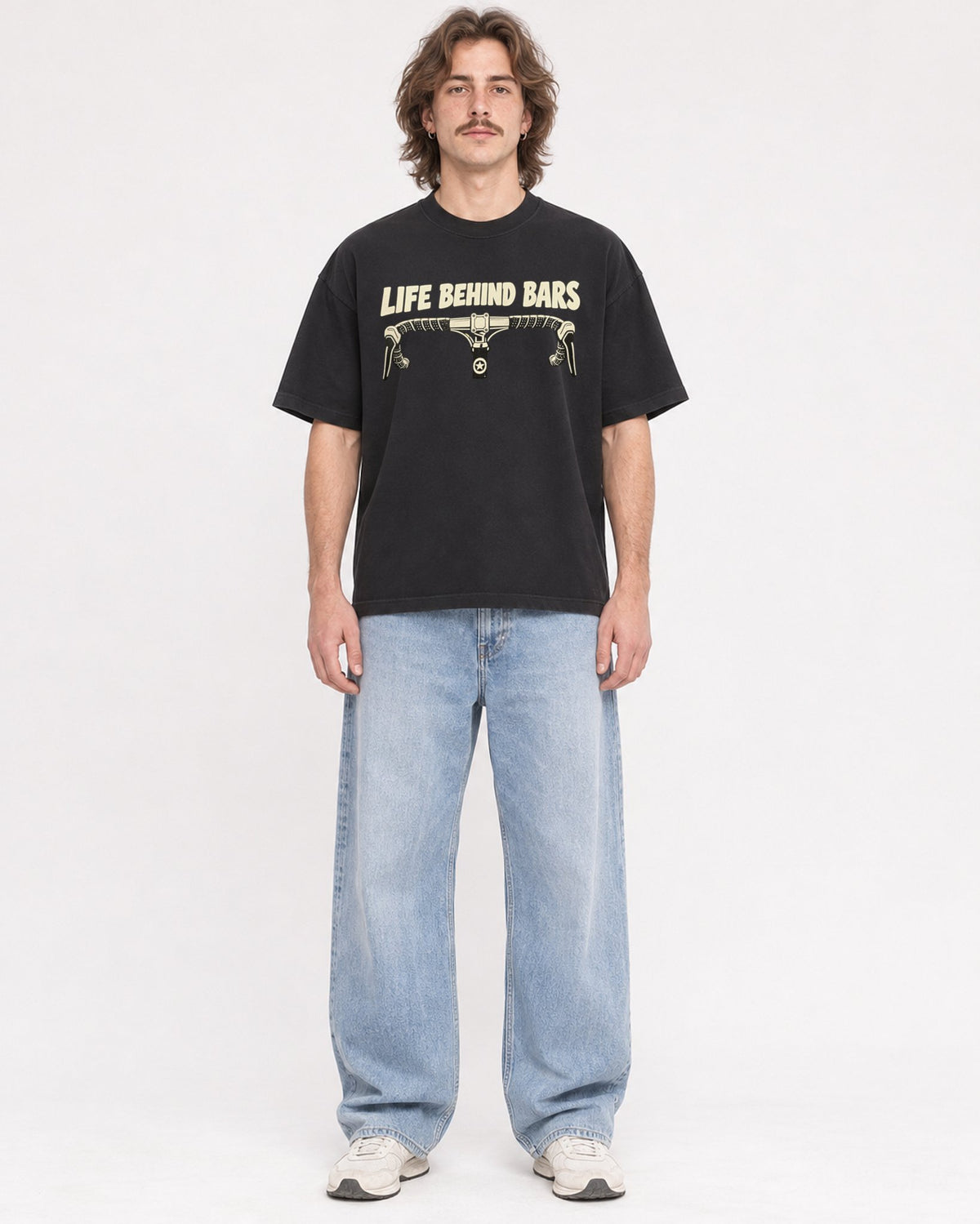 Mockup Boxy Heavyweight Tee Black male full-body 49