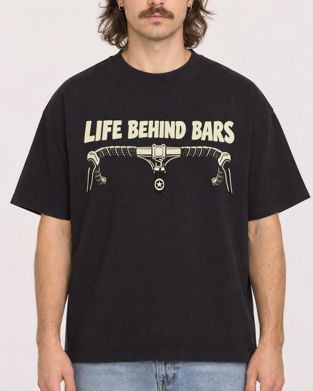 Mockup Boxy Heavyweight Tee Black male close-up 49