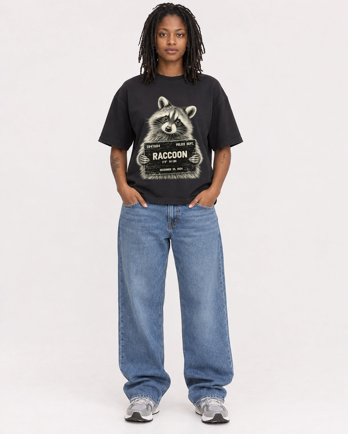Mockup Boxy Heavyweight Tee Black female full-body 24