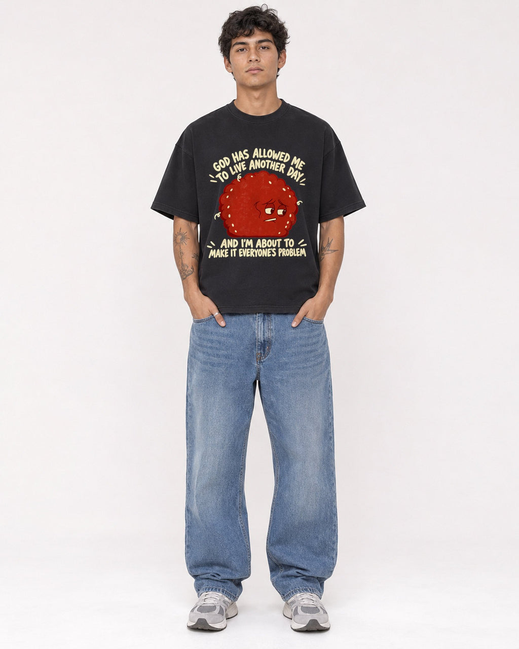 Mockup Boxy Heavyweight Tee Black male full-body 06