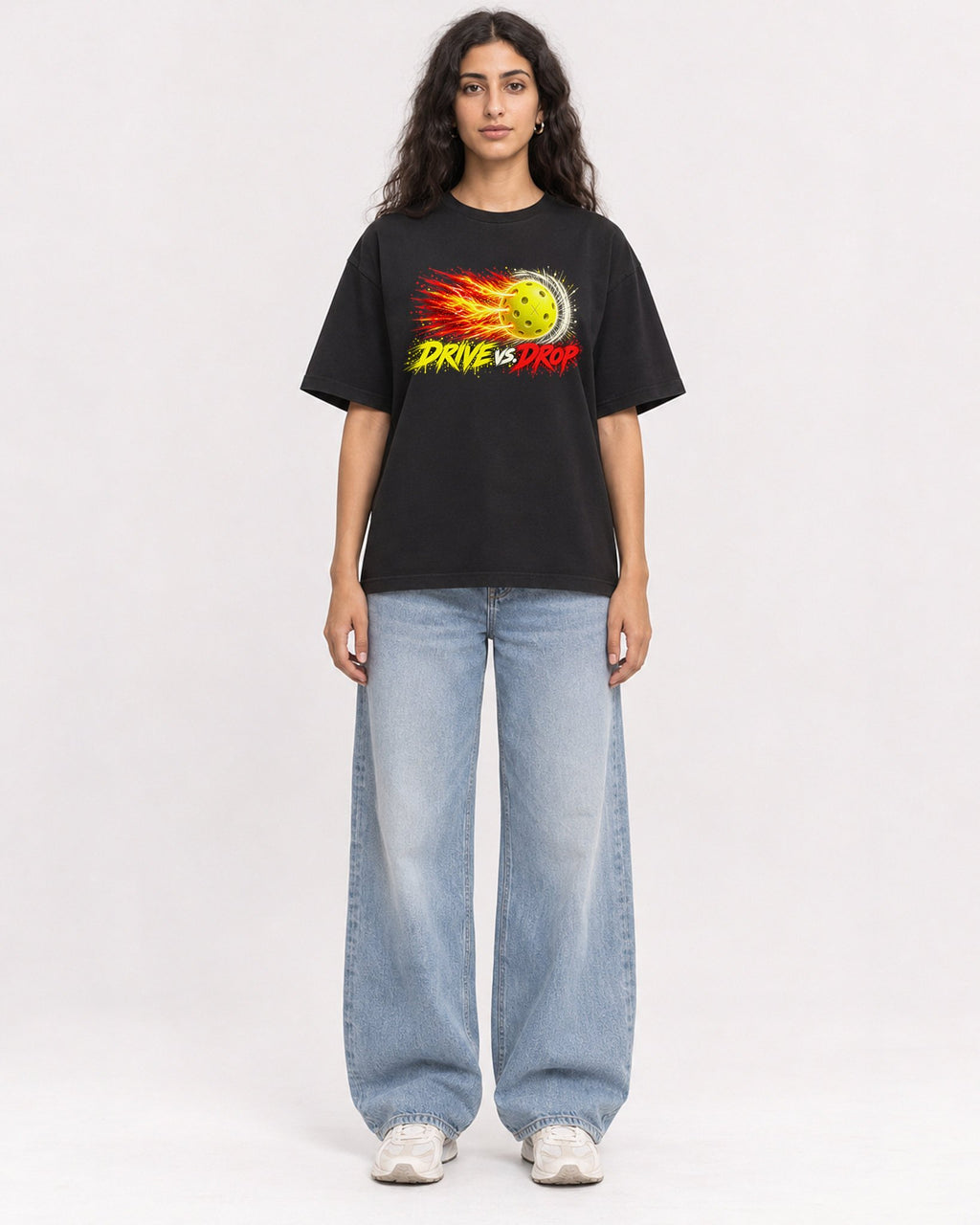 Mockup Boxy Heavyweight Tee Black female full-body 07