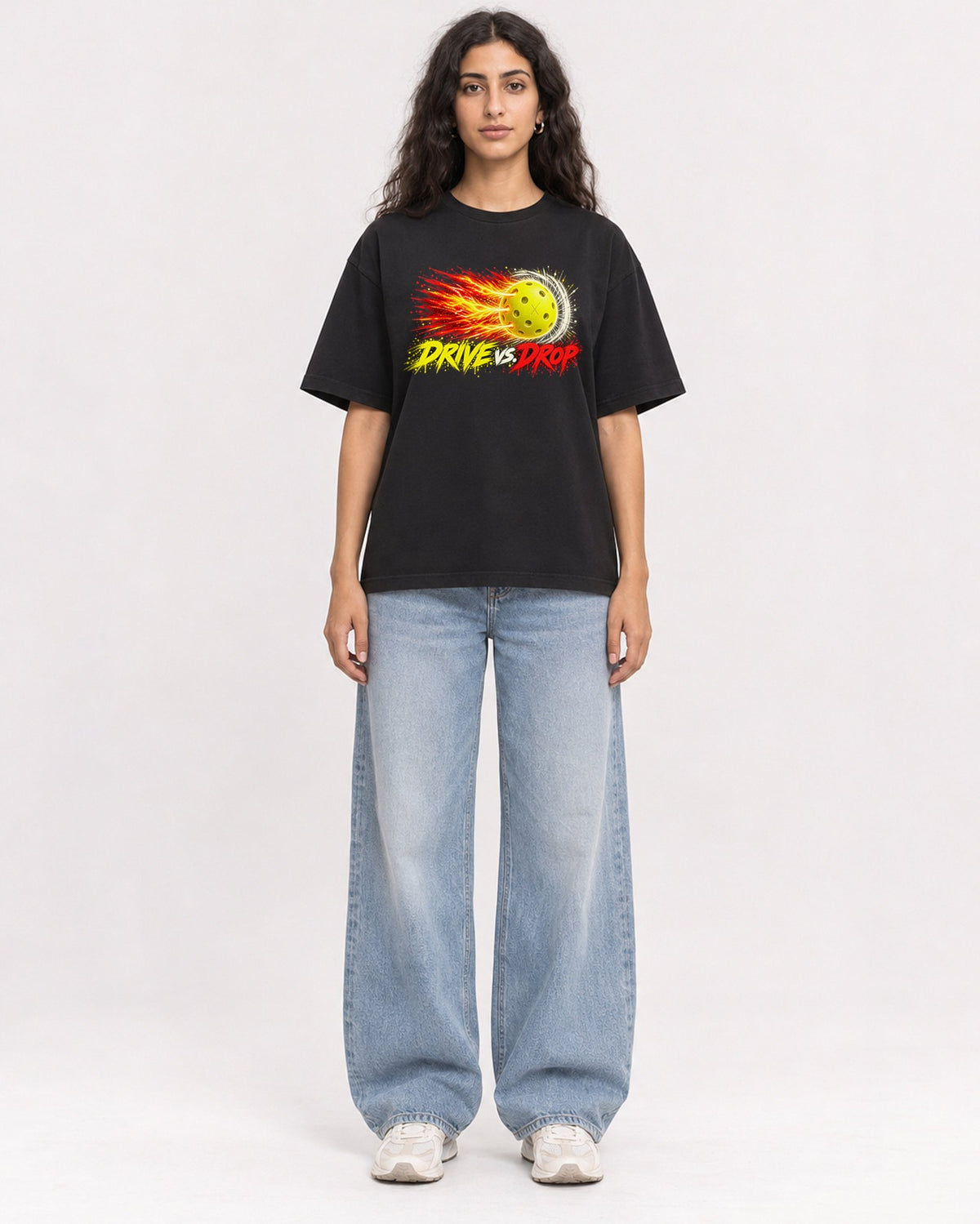 Mockup Boxy Heavyweight Tee Black female full-body 07