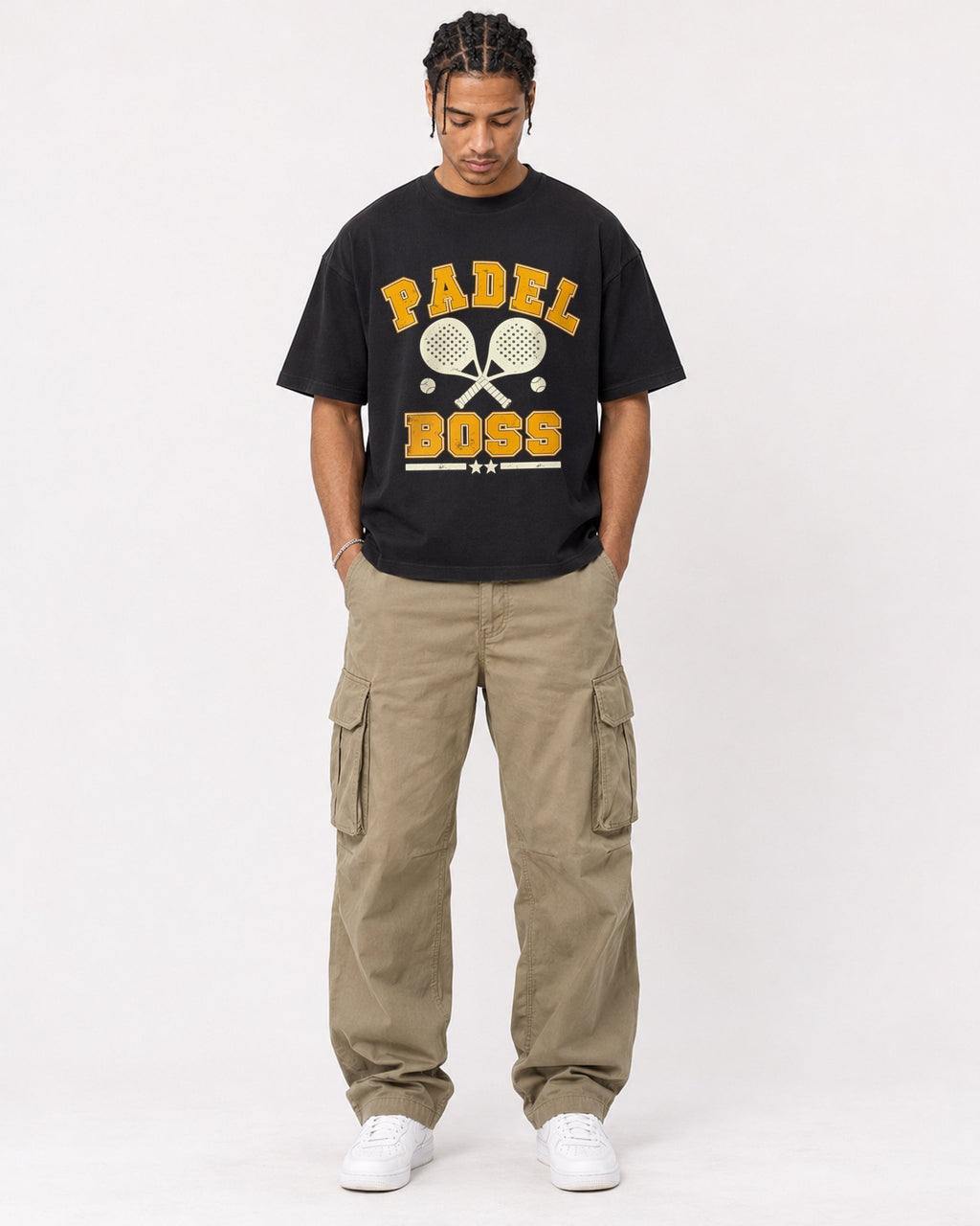 Mockup Boxy Heavyweight Tee Black male full-body 40
