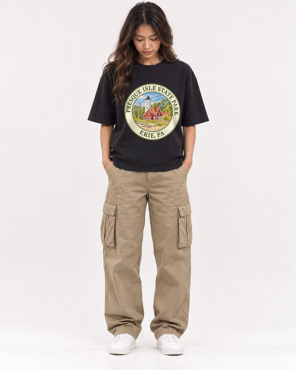 Mockup Boxy Heavyweight Tee Black female full-body 02