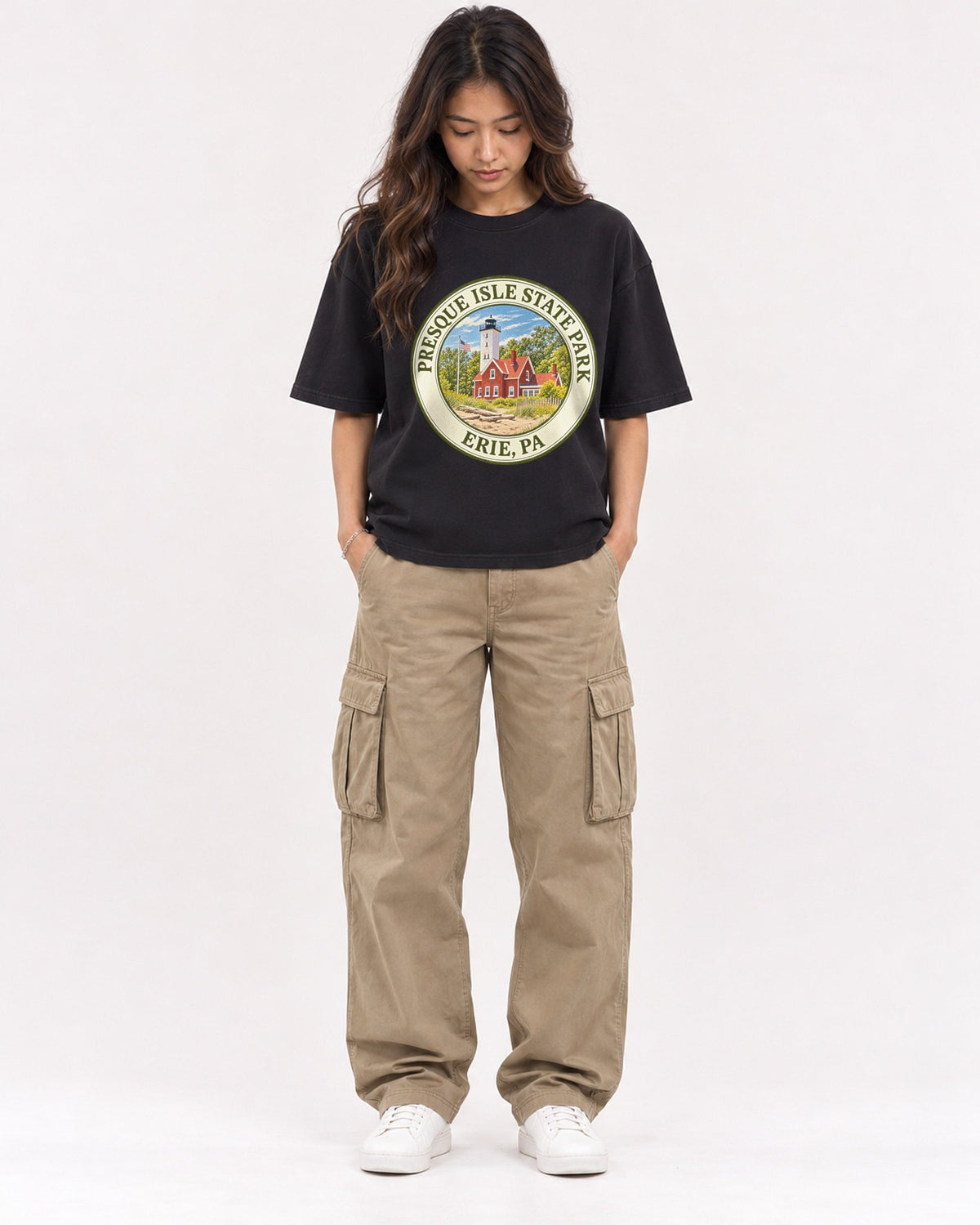 Mockup Boxy Heavyweight Tee Black female full-body 02