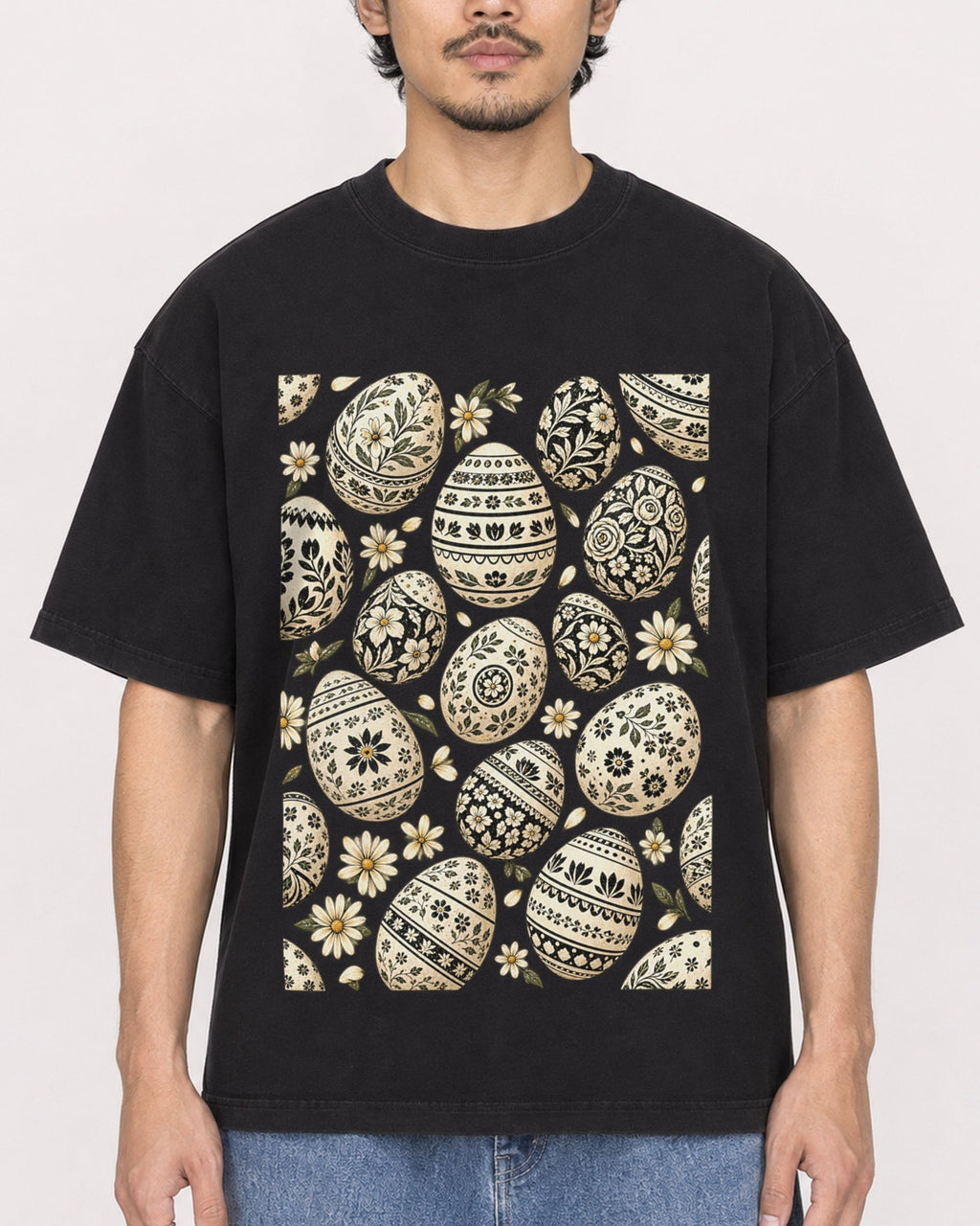 Mockup Boxy Heavyweight Tee Black male close-up 02
