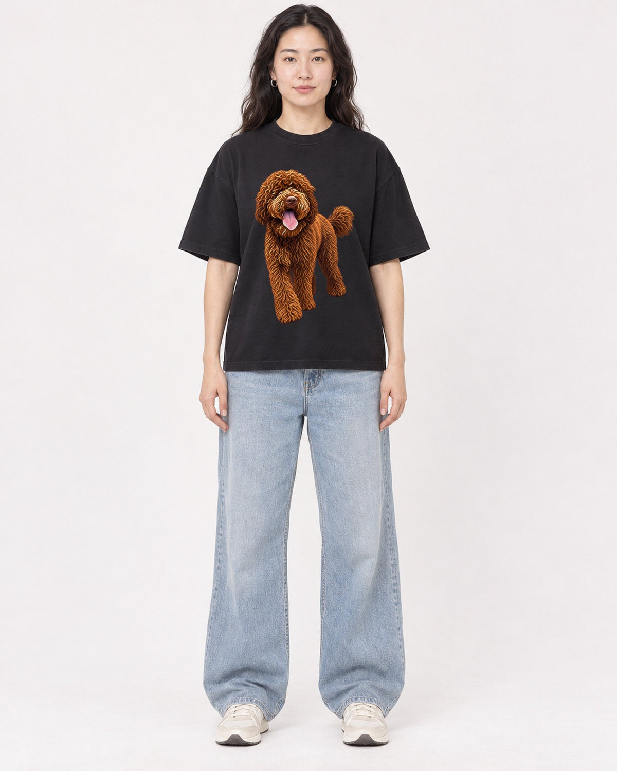 Mockup Boxy Heavyweight Tee Black female full-body 03