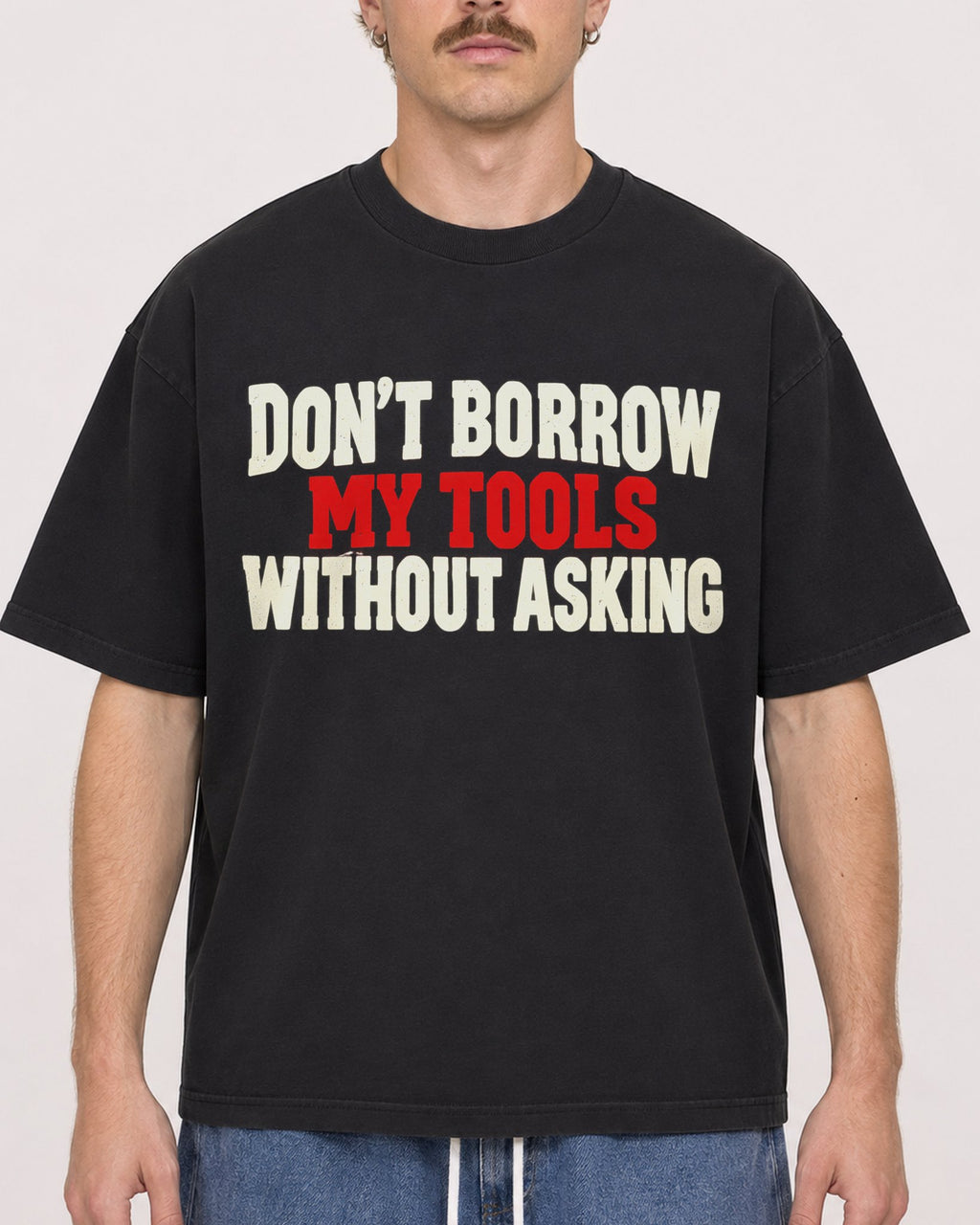 Mockup Boxy Heavyweight Tee Black male close-up 19