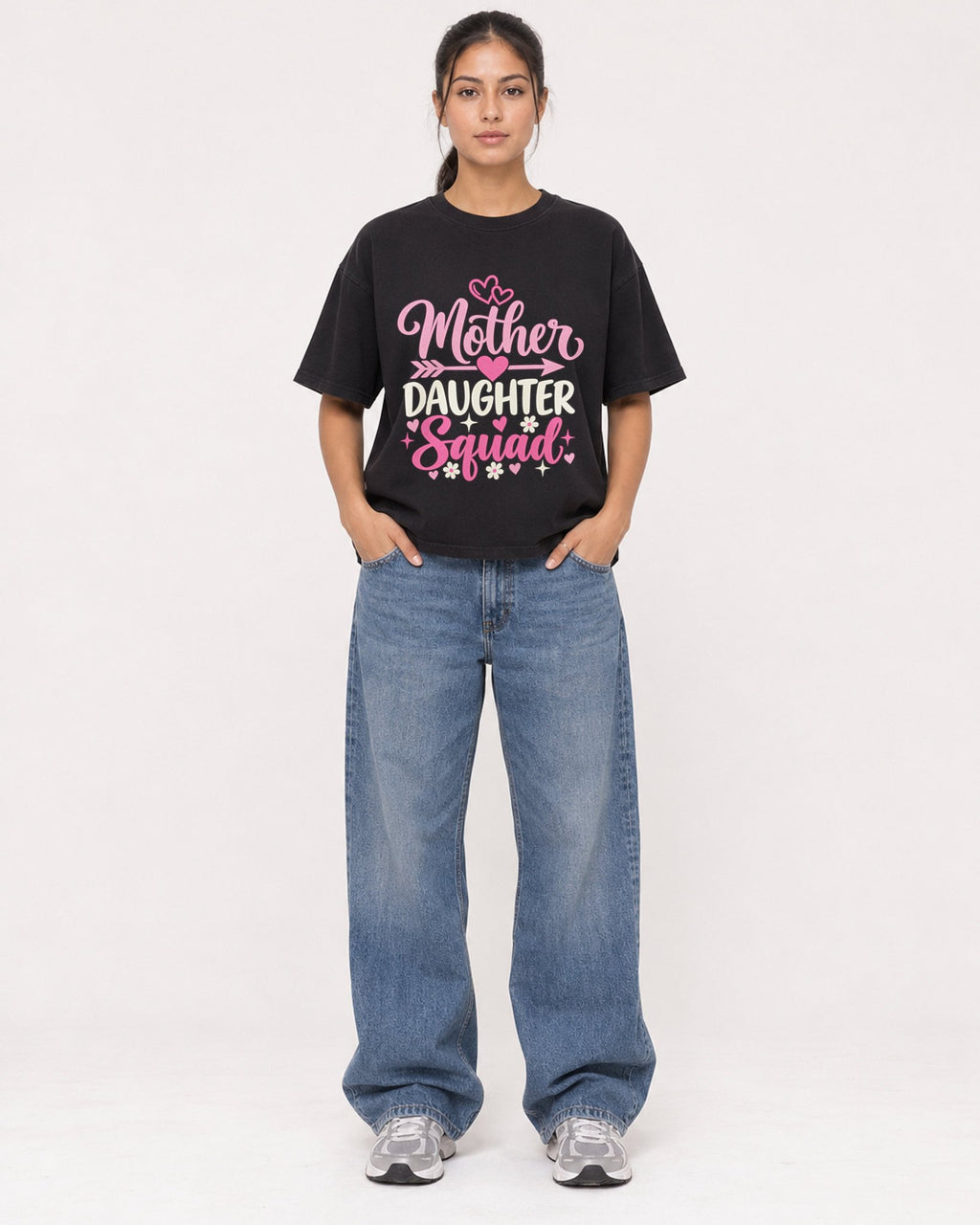 Mockup Boxy Heavyweight Tee Black female full-body 16