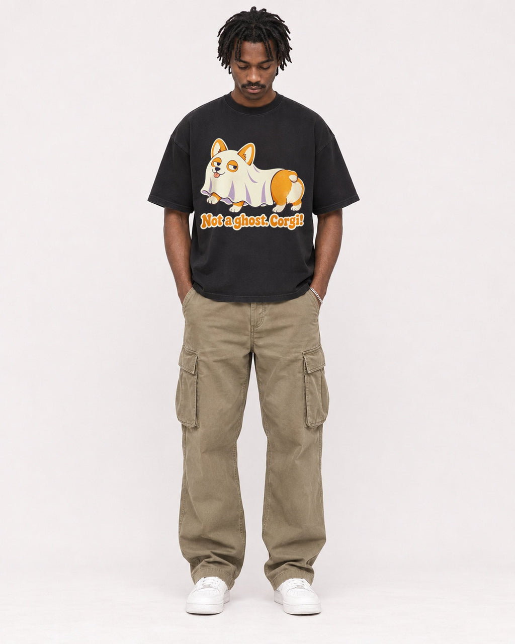 Mockup Boxy Heavyweight Tee Black male full-body 04