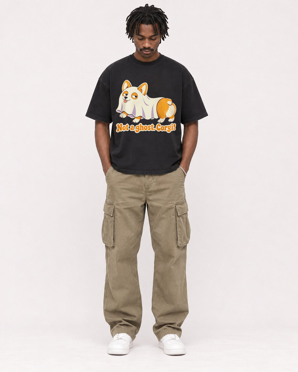 Mockup Boxy Heavyweight Tee Black male full-body 04