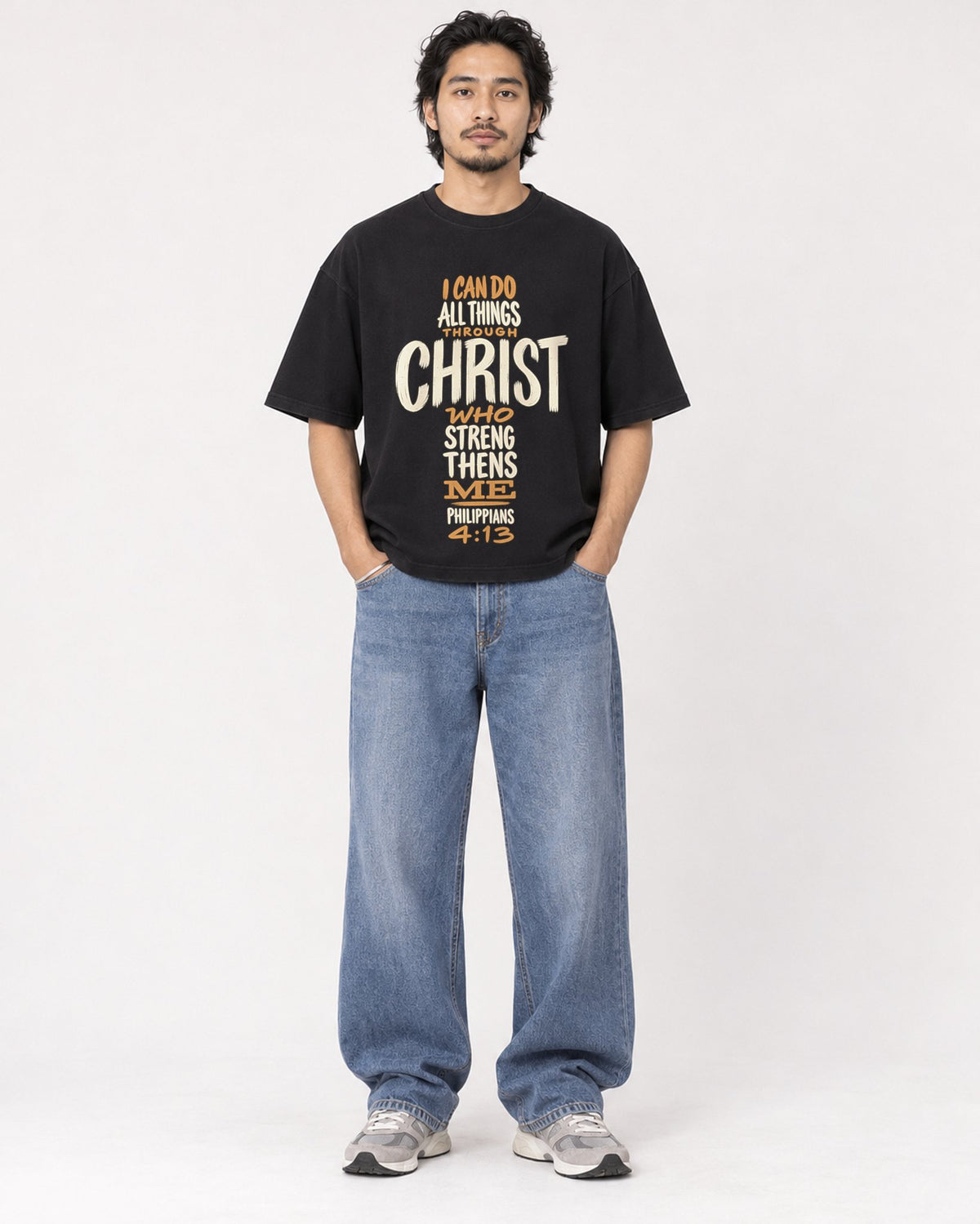 Mockup Boxy Heavyweight Tee Black male full-body 22