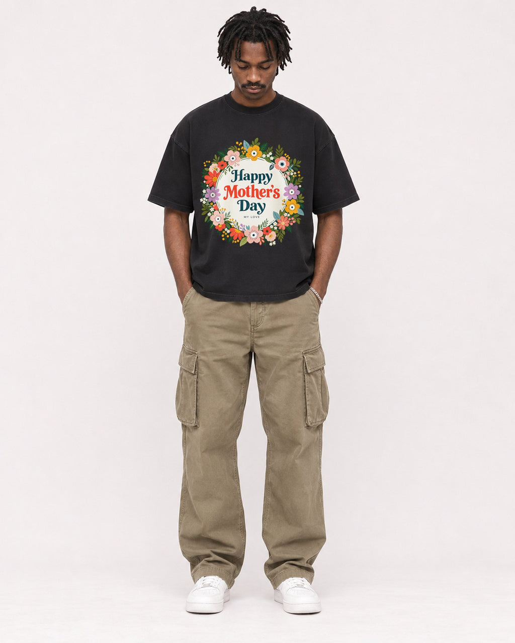 Mockup Boxy Heavyweight Tee Black male full-body 04