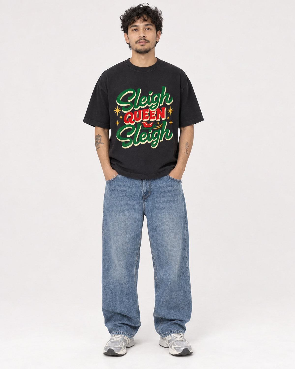 Mockup Boxy Heavyweight Tee Black male full-body 42