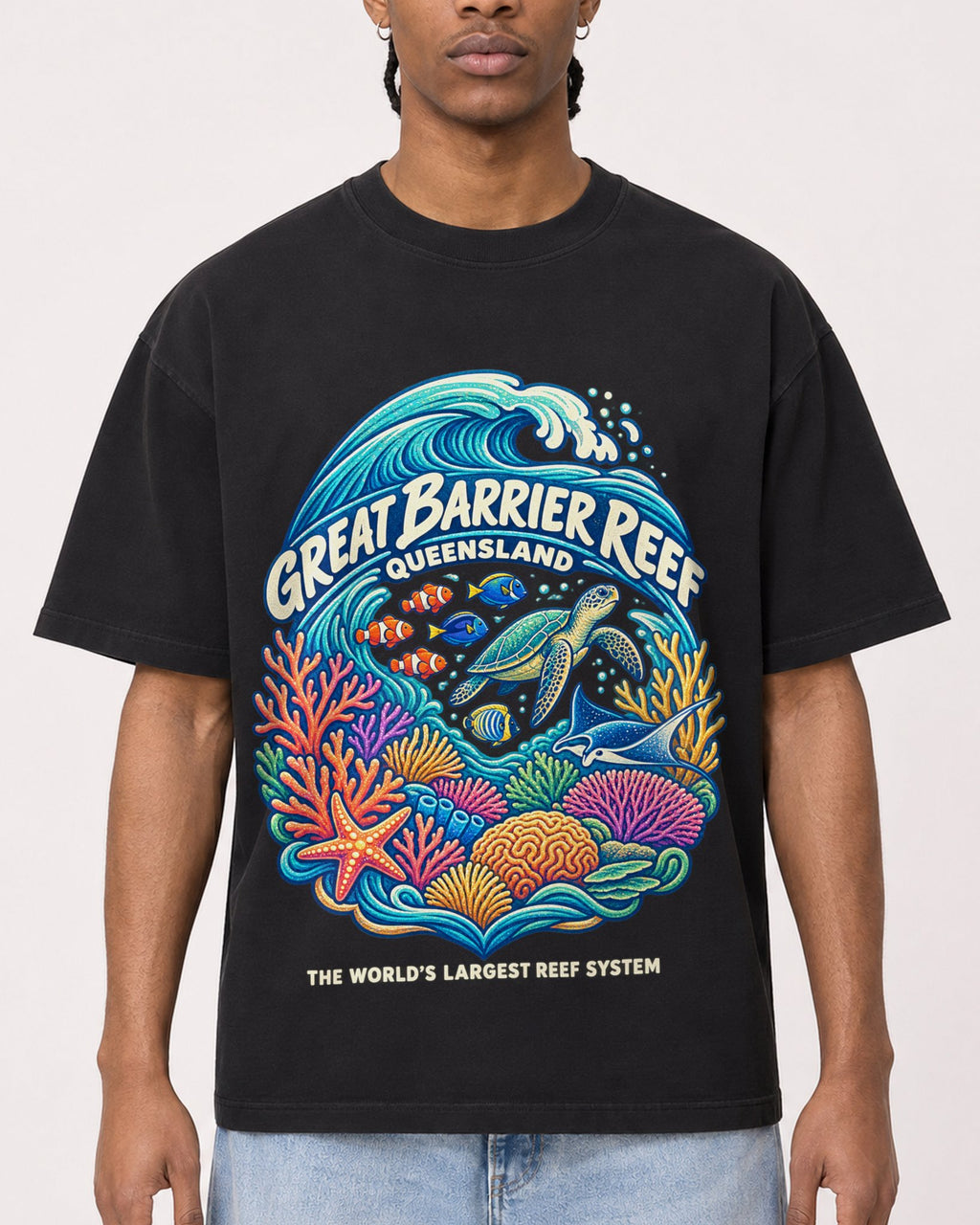 Mockup Boxy Heavyweight Tee Black male close-up 25