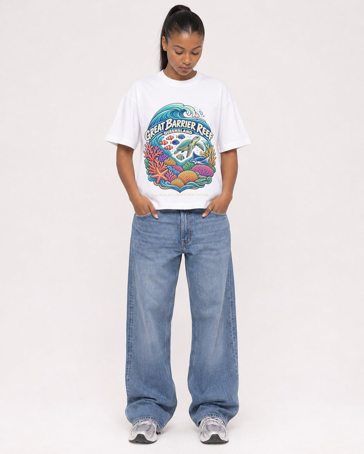 Mockup Boxy Heavyweight Tee White female full-body 25