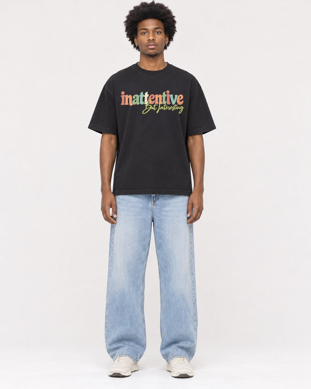 Mockup Boxy Heavyweight Tee Black male full-body 45