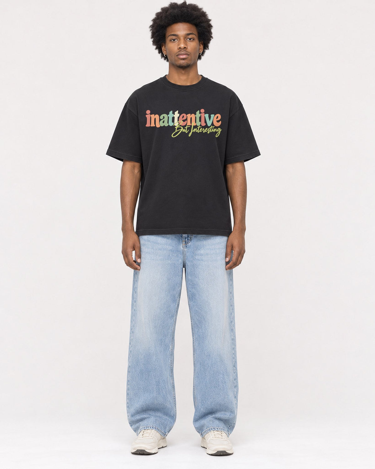 Mockup Boxy Heavyweight Tee Black male full-body 45