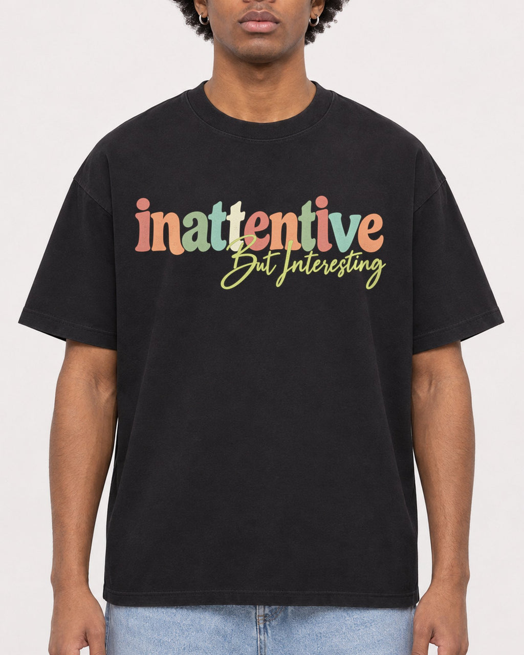 Mockup Boxy Heavyweight Tee Black male close-up 45