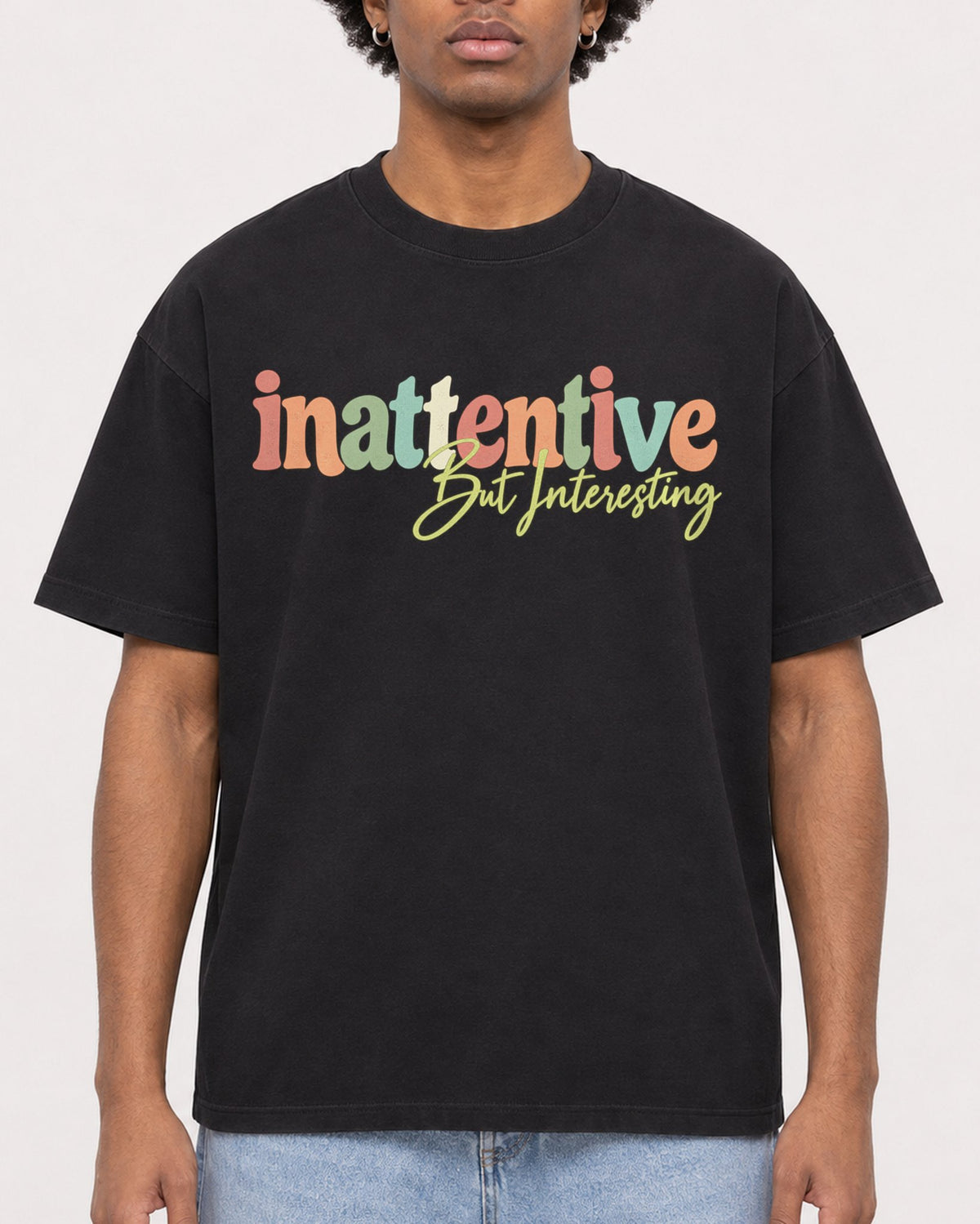 Mockup Boxy Heavyweight Tee Black male close-up 45