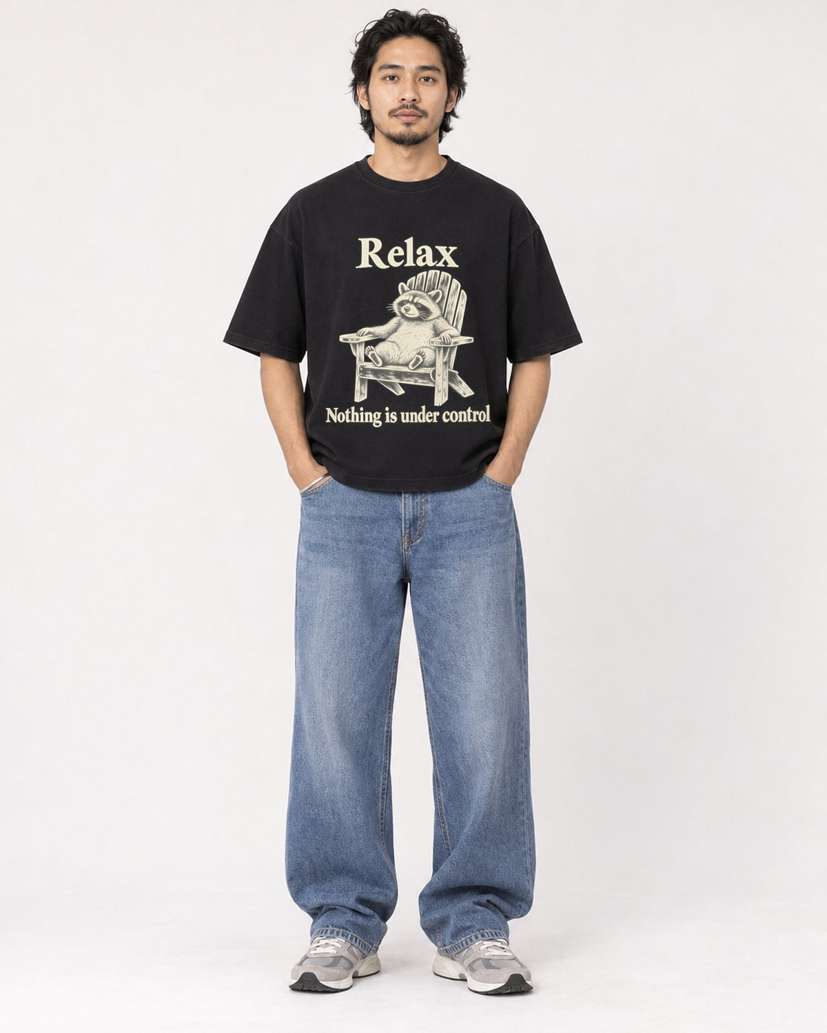 Mockup Boxy Heavyweight Tee Black male full-body 22