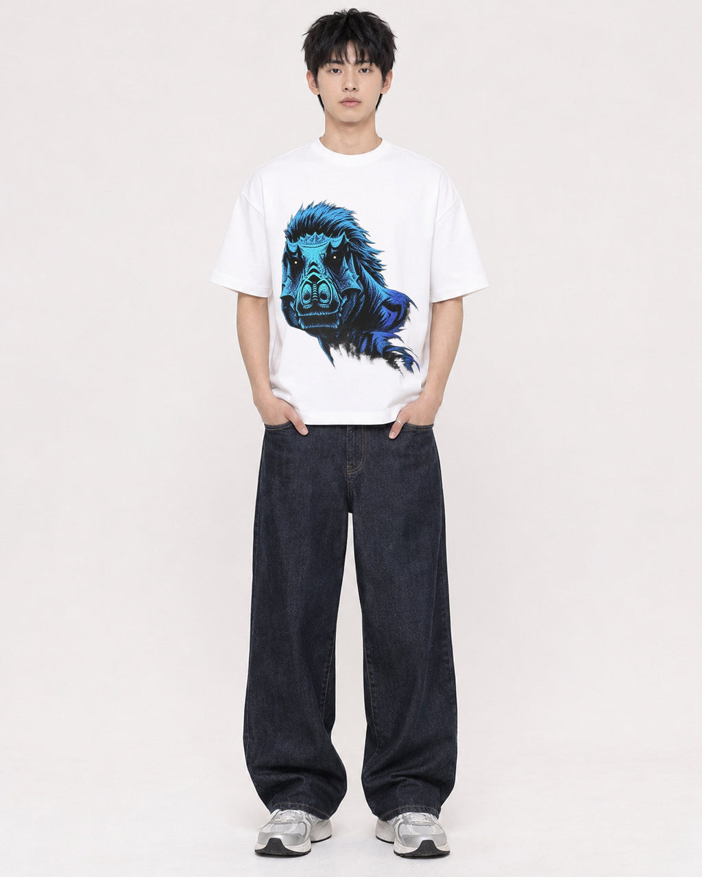Mockup Boxy Heavyweight Tee White male full-body 01