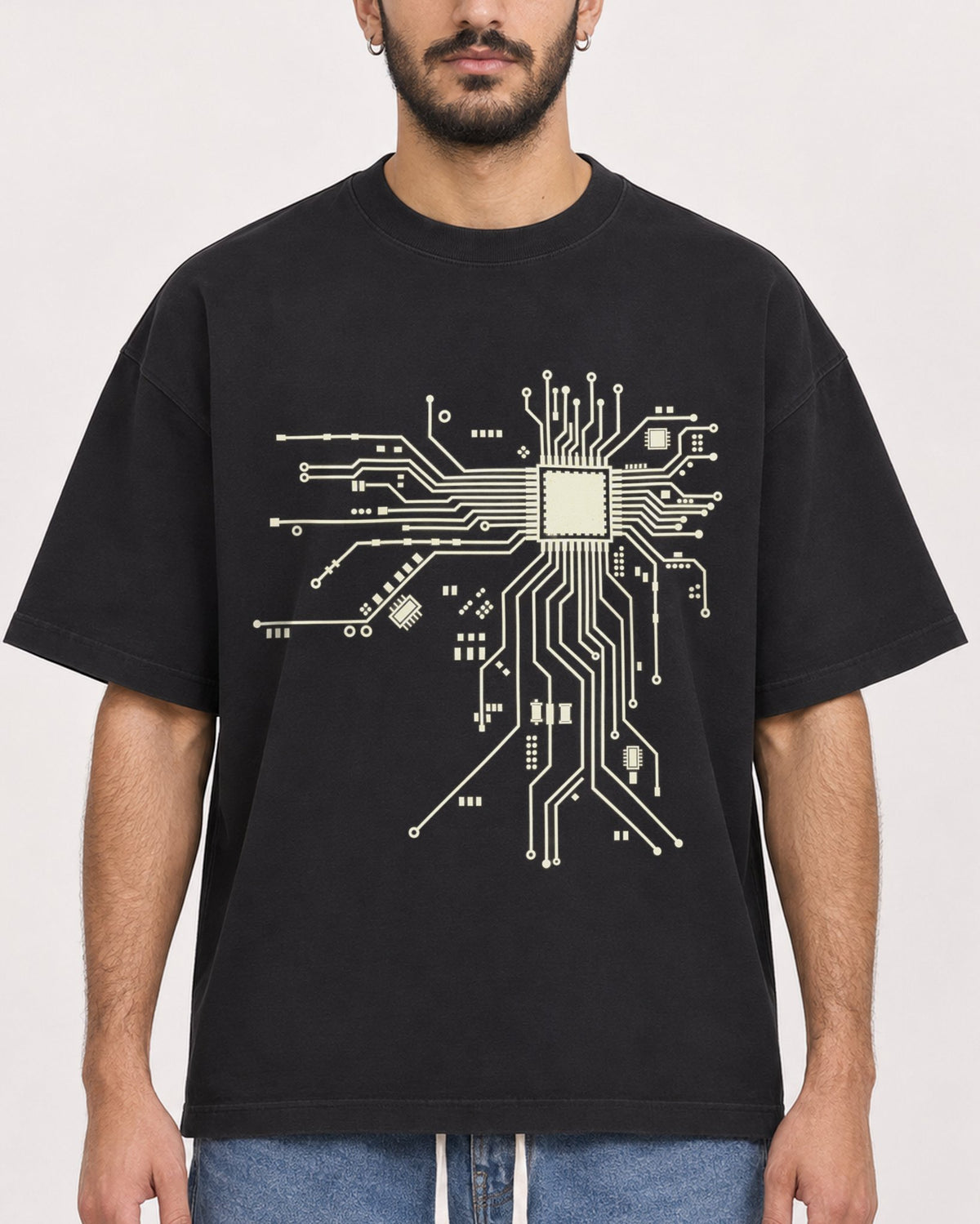 Mockup Boxy Heavyweight Tee Black male close-up 07