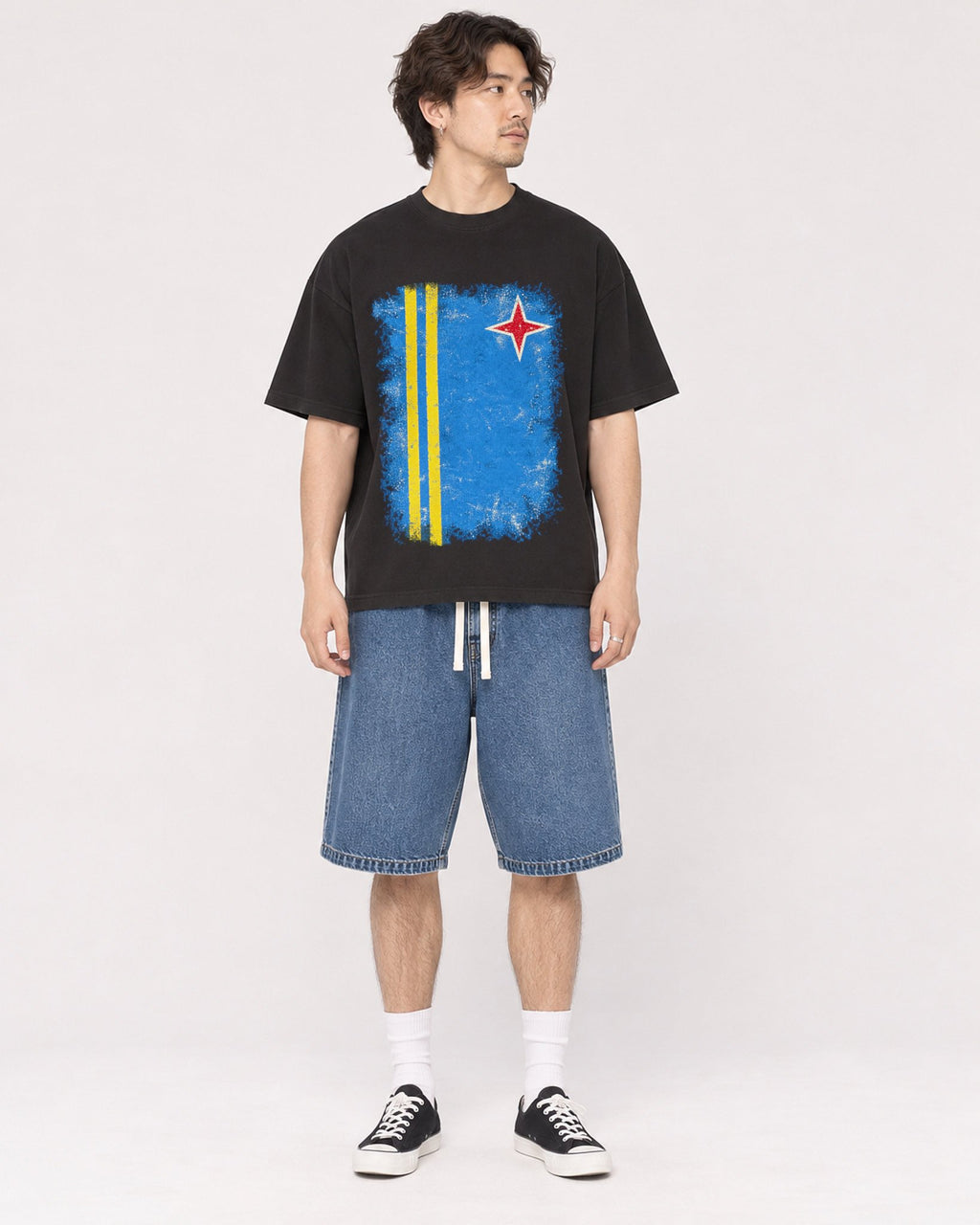 Mockup Boxy Heavyweight Tee Black male full-body 03