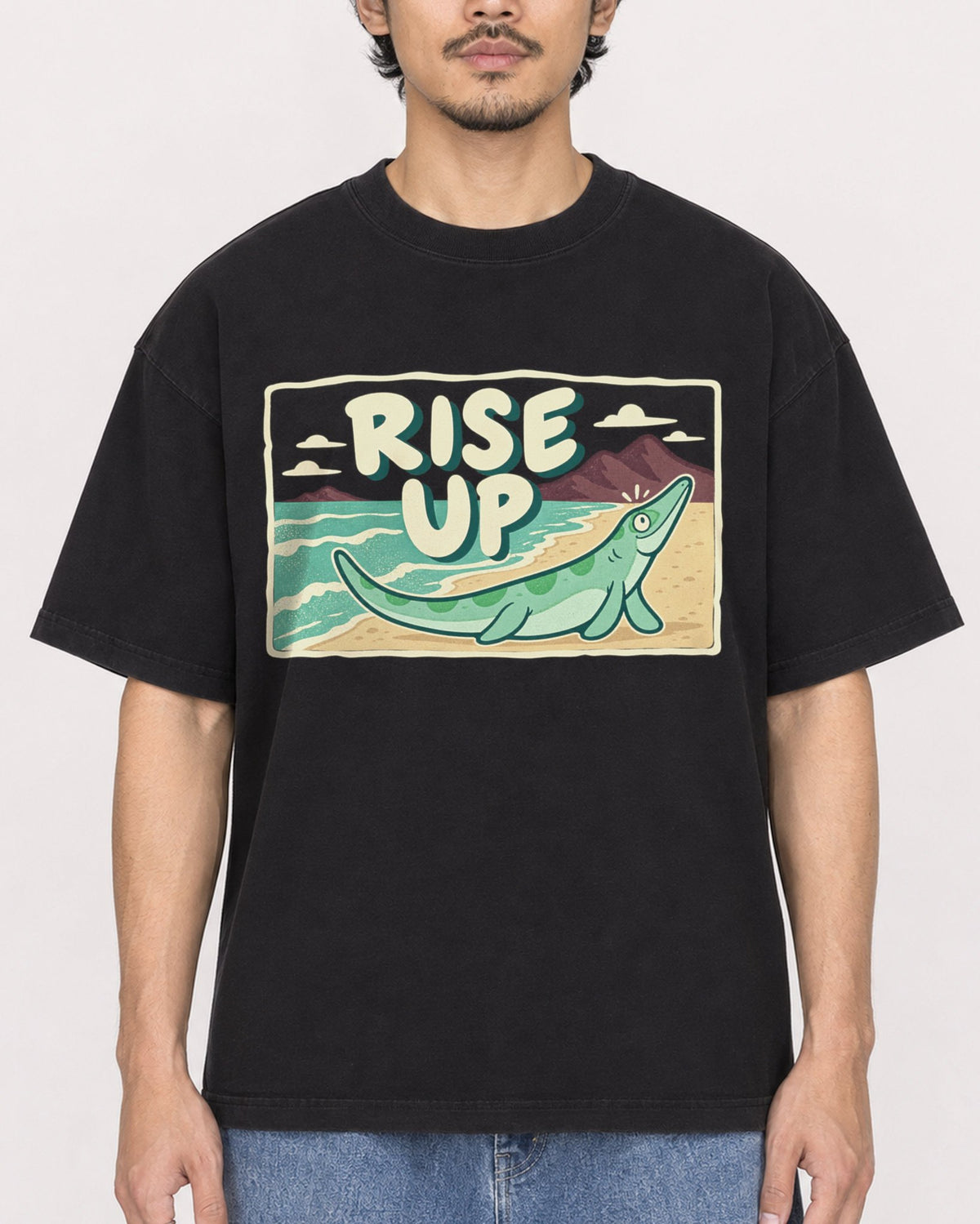 Mockup Boxy Heavyweight Tee Black male close-up 02