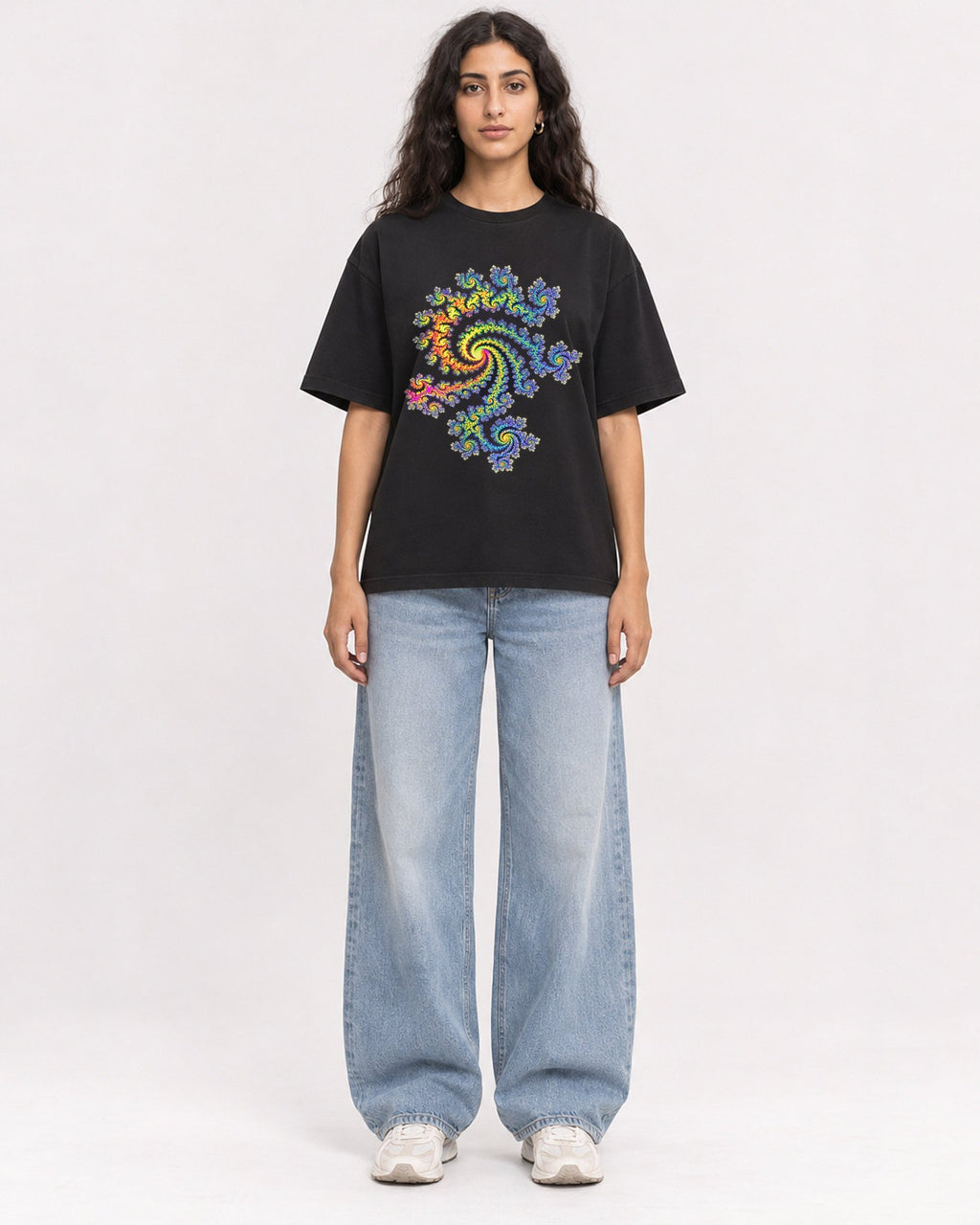 Mockup Boxy Heavyweight Tee Black female full-body 07