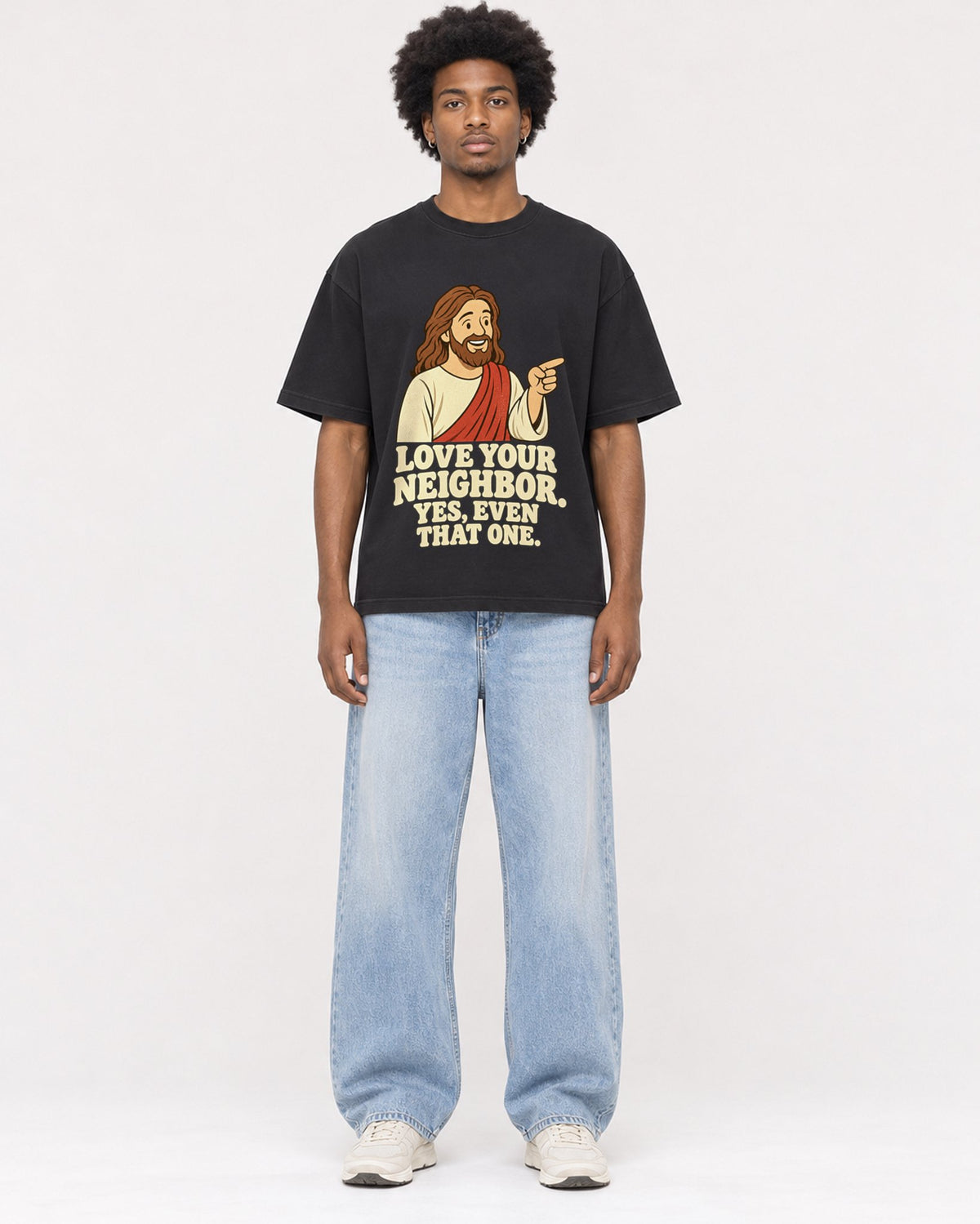Mockup Boxy Heavyweight Tee Black male full-body 45