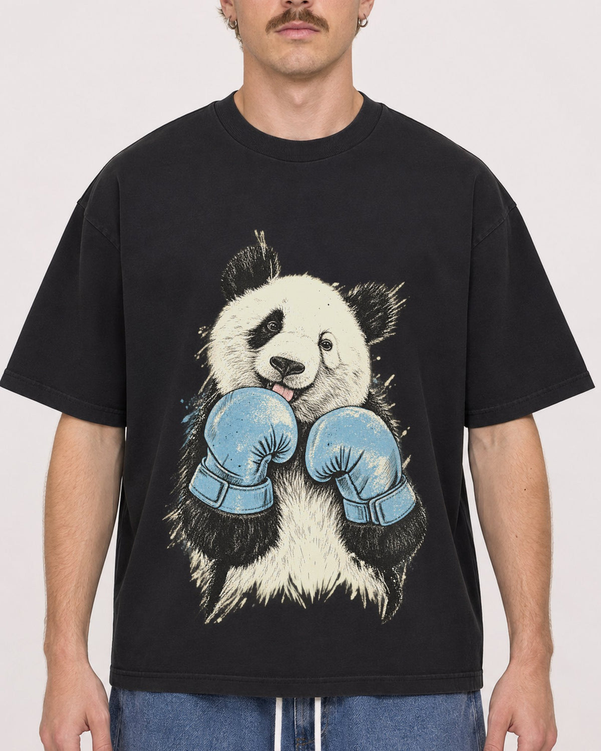 Mockup Boxy Heavyweight Tee Black male close-up 19
