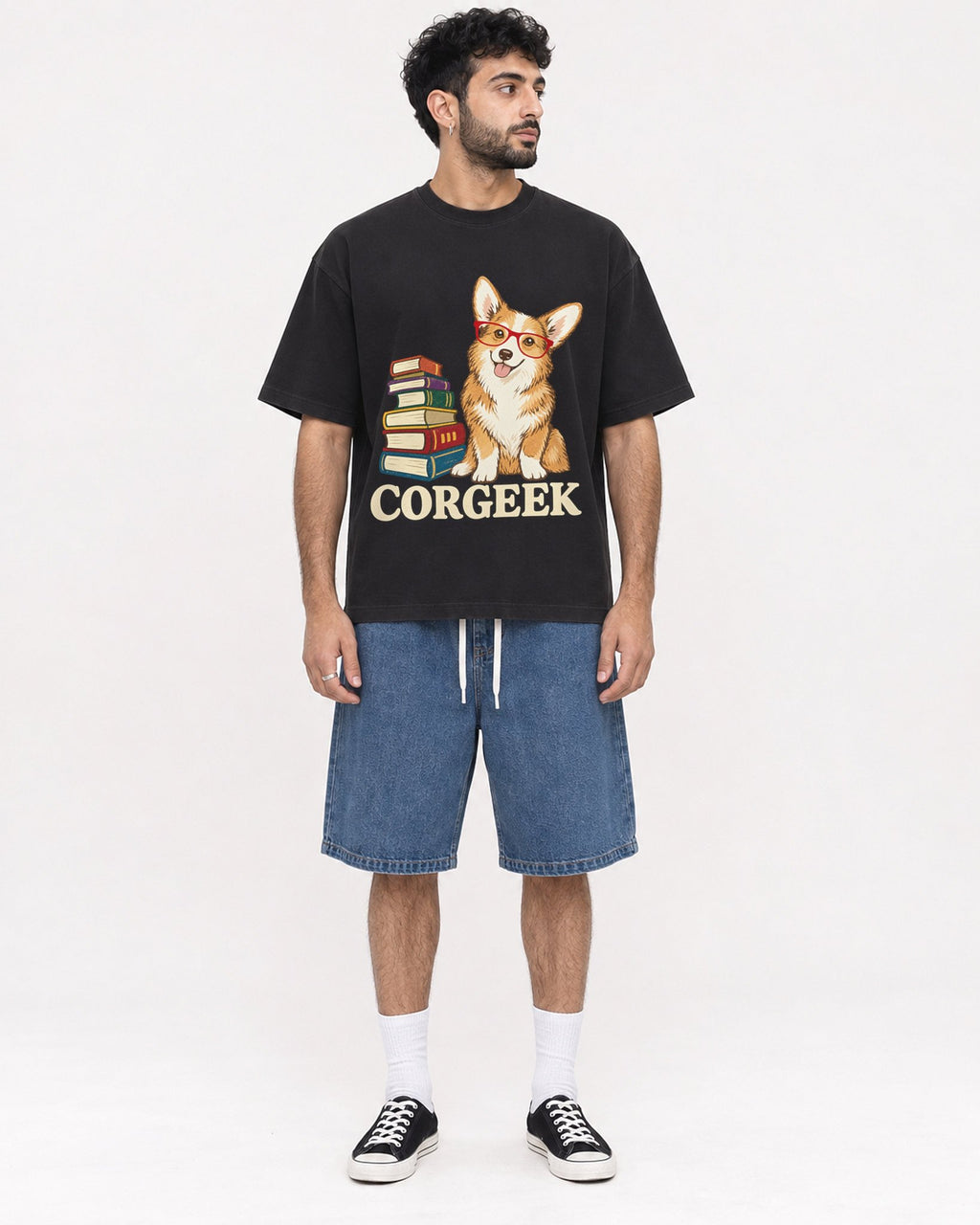 Mockup Boxy Heavyweight Tee Black male full-body 07