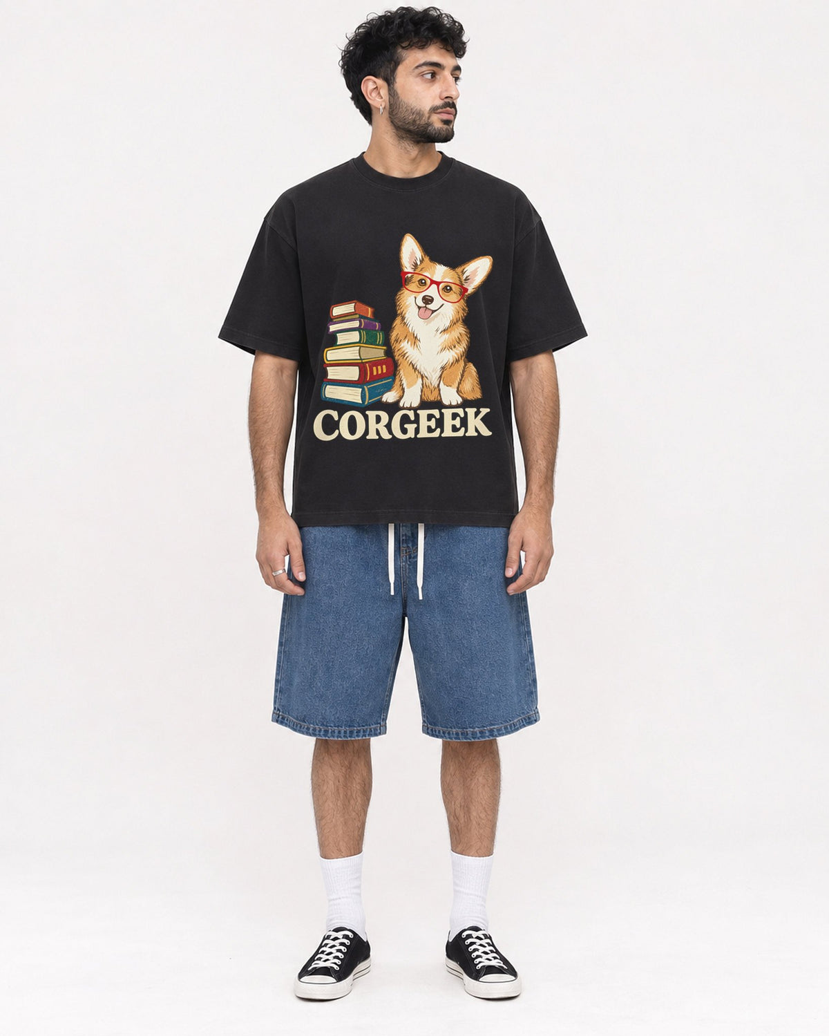 Mockup Boxy Heavyweight Tee Black male full-body 07