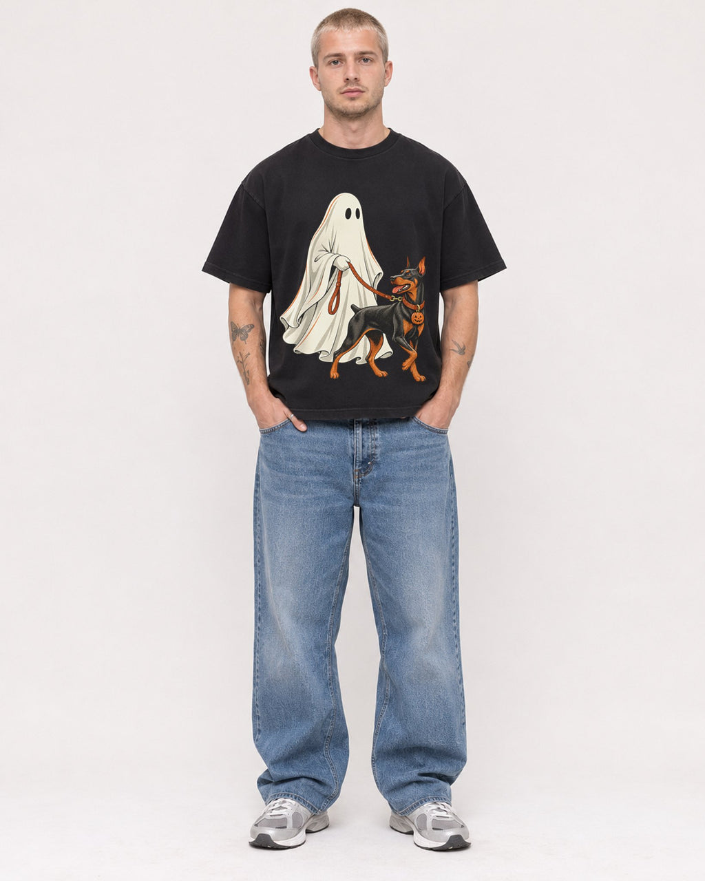 Mockup Boxy Heavyweight Tee Black male full-body 18