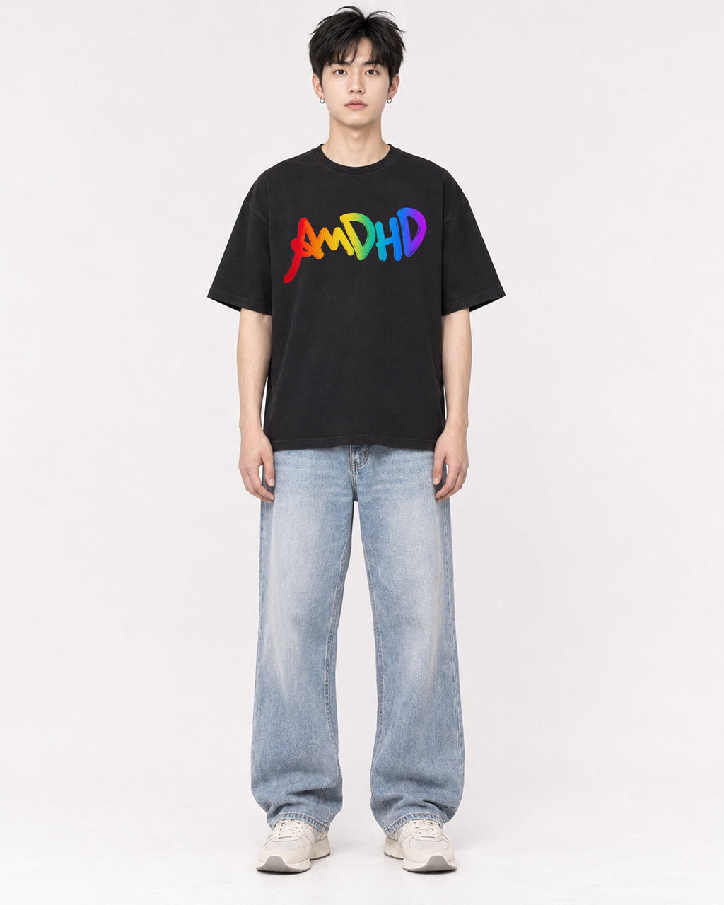 Mockup Boxy Heavyweight Tee Black male full-body 01