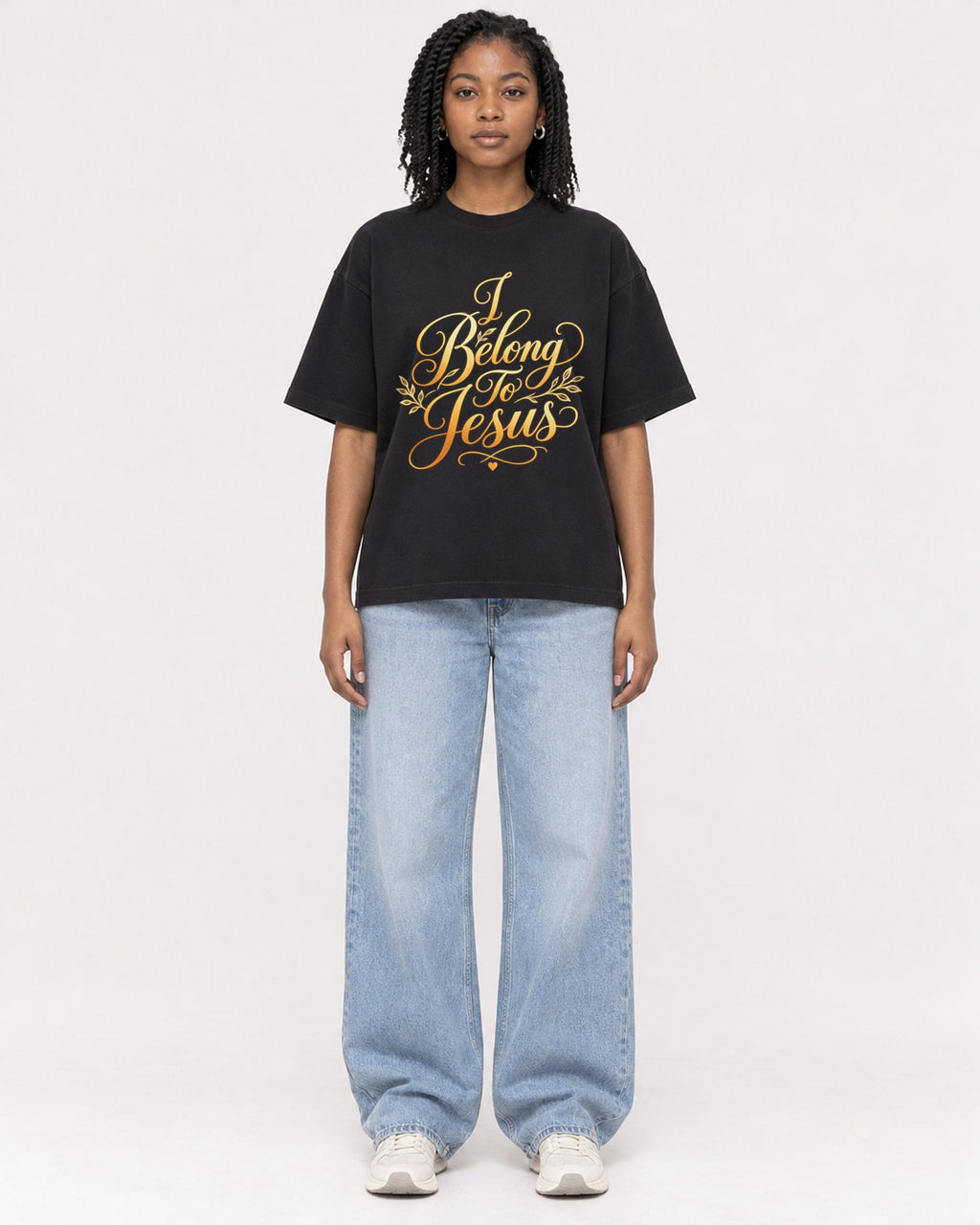 Mockup Boxy Heavyweight Tee Black female full-body 15