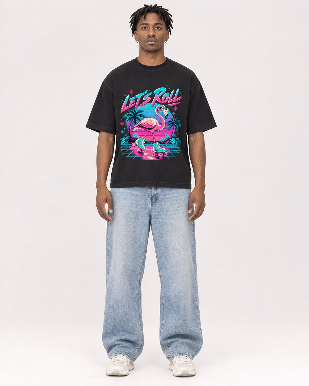 Mockup Boxy Heavyweight Tee Black male full-body 05
