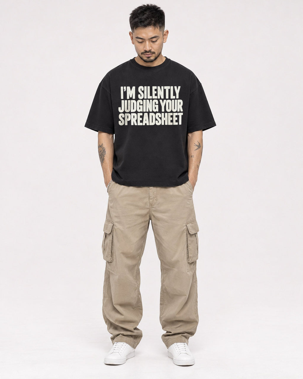 Mockup Boxy Heavyweight Tee Black male full-body 12