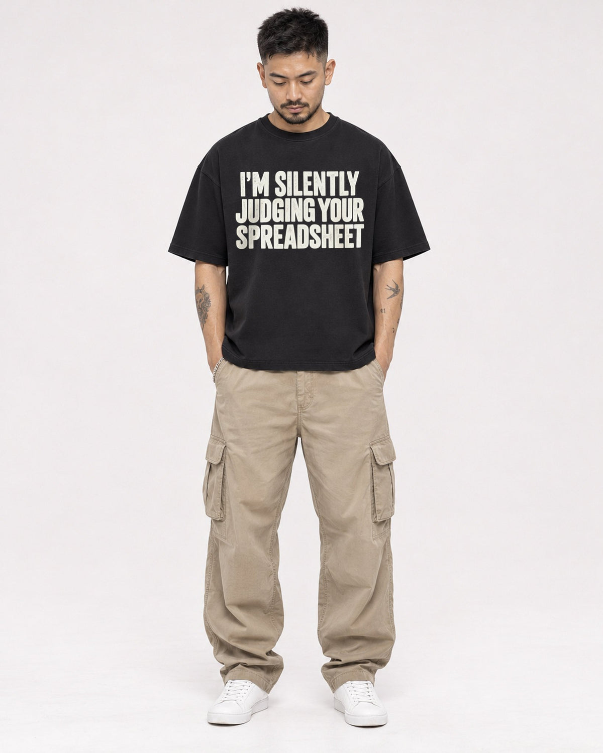 Mockup Boxy Heavyweight Tee Black male full-body 12