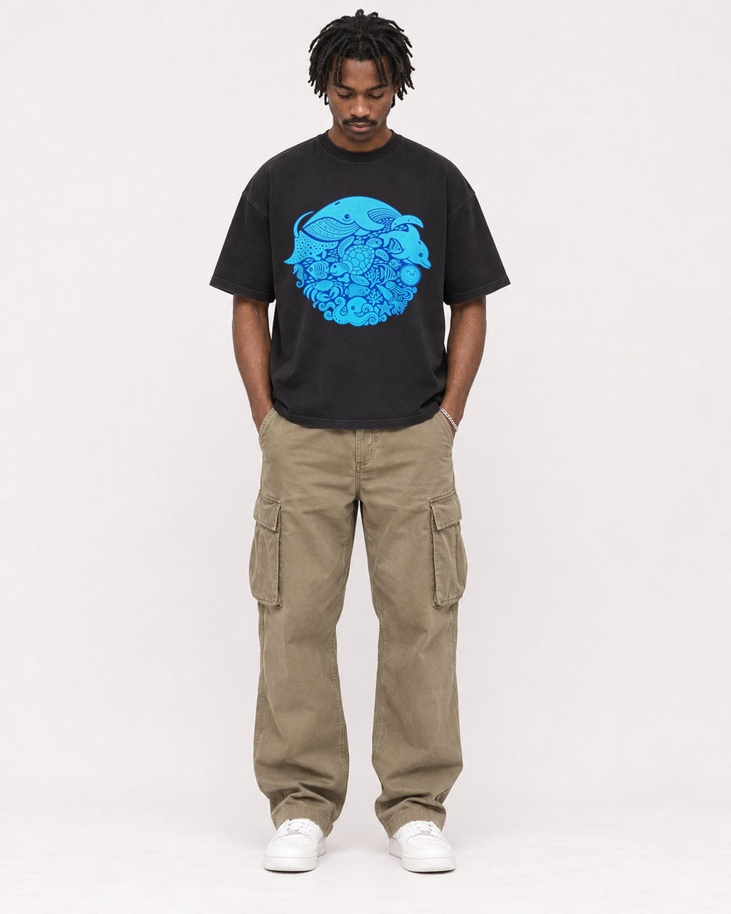 Mockup Boxy Heavyweight Tee Black male full-body 04