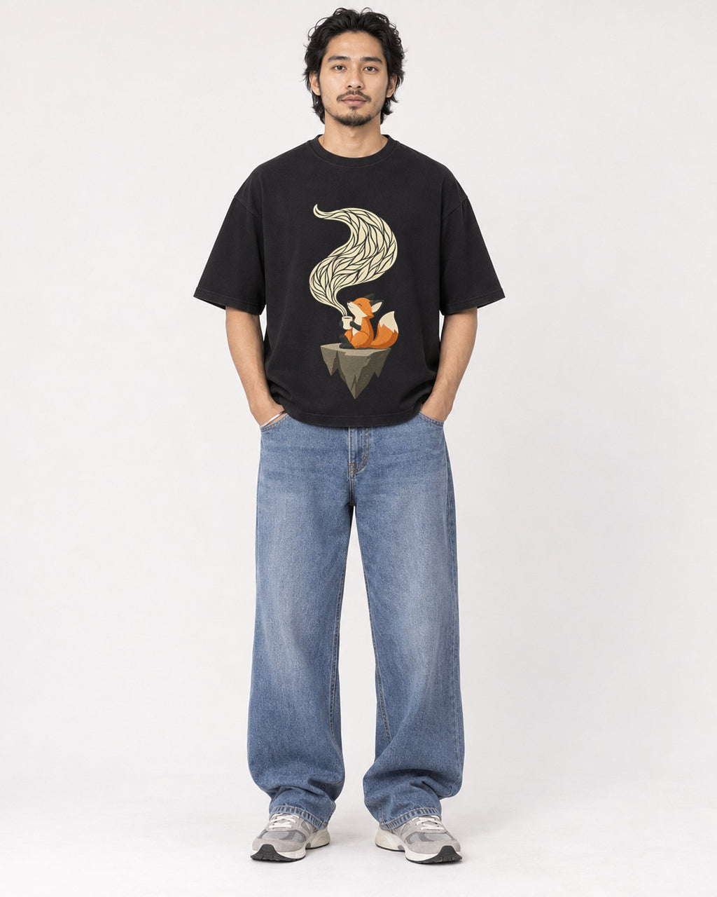 Mockup Boxy Heavyweight Tee Black male full-body 22