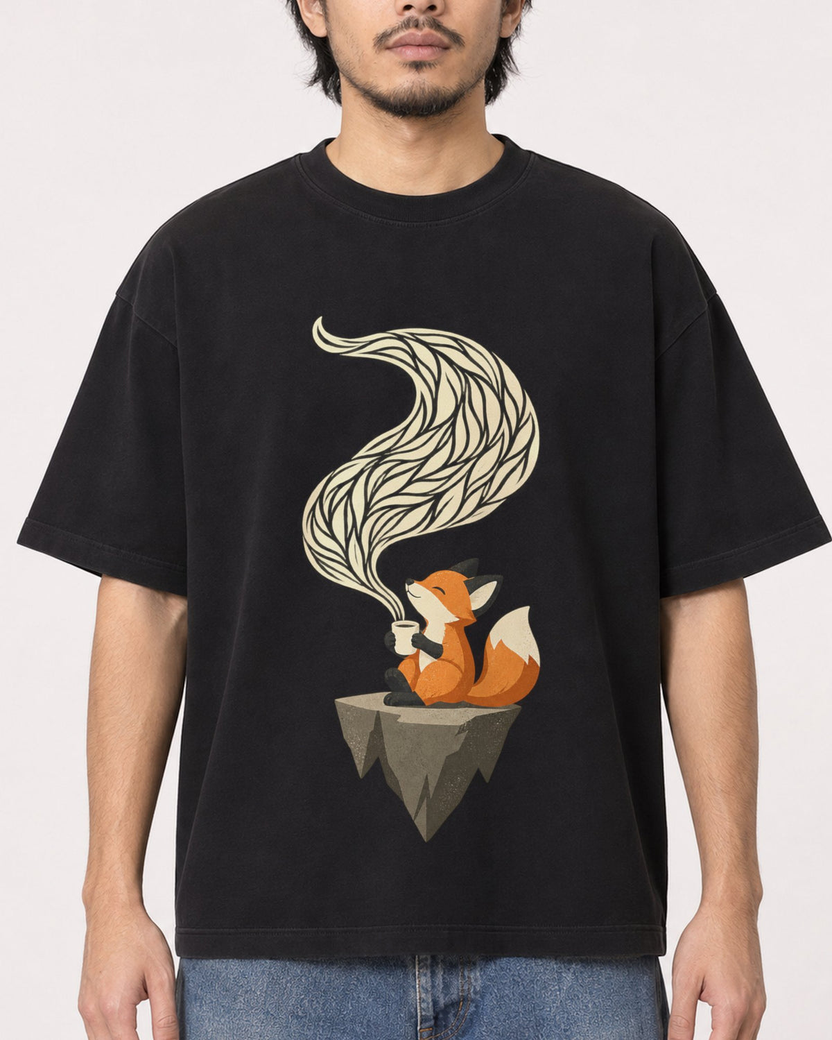 Mockup Boxy Heavyweight Tee Black male close-up 22