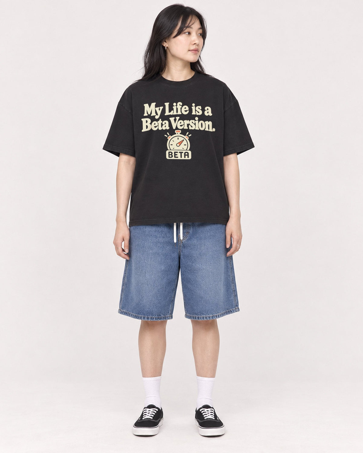 Mockup Boxy Heavyweight Tee Black female full-body 13