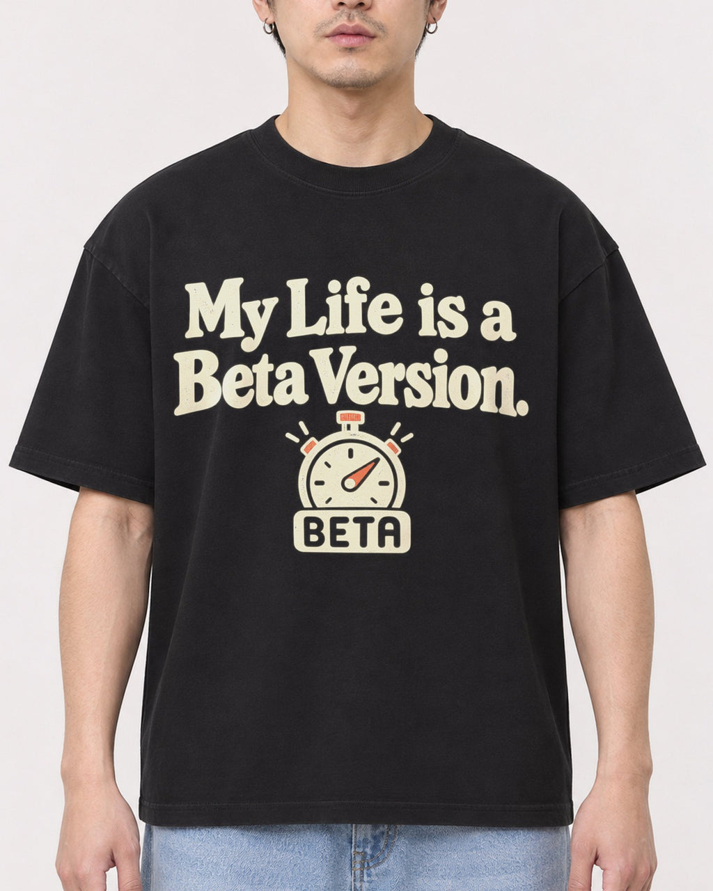 Mockup Boxy Heavyweight Tee Black male close-up 13