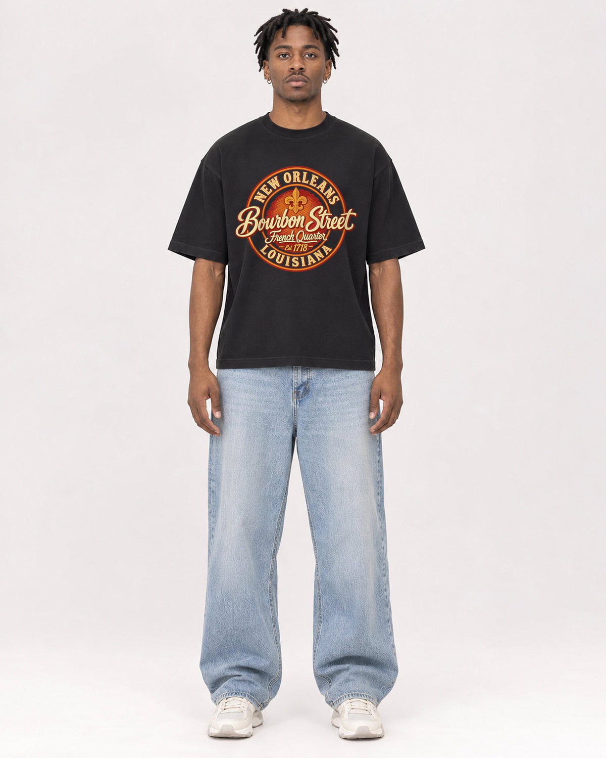 Mockup Boxy Heavyweight Tee Black male full-body 05