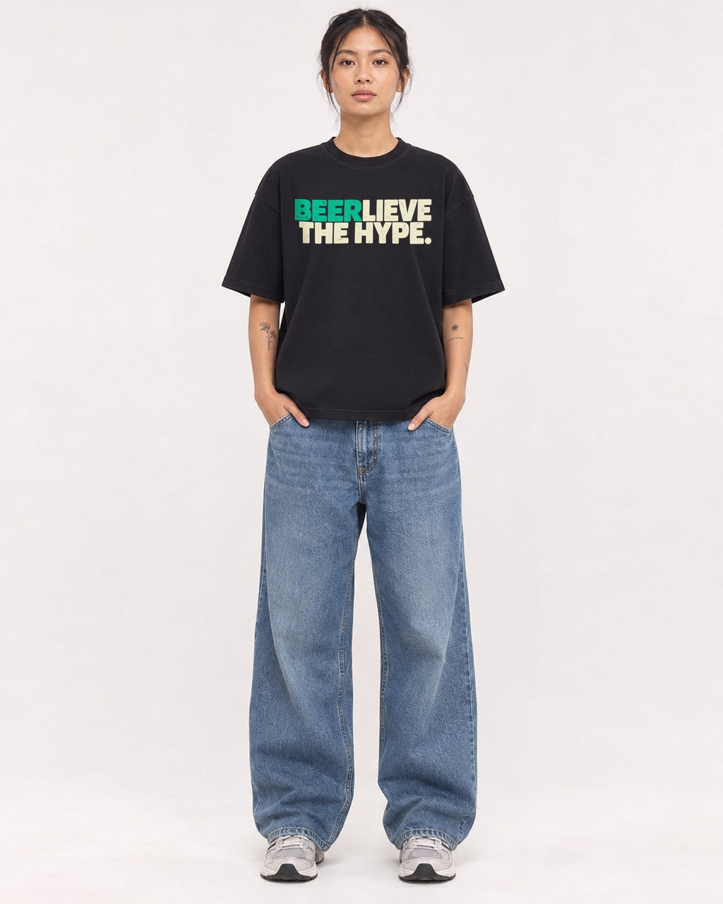 Mockup Boxy Heavyweight Tee Black female full-body 12