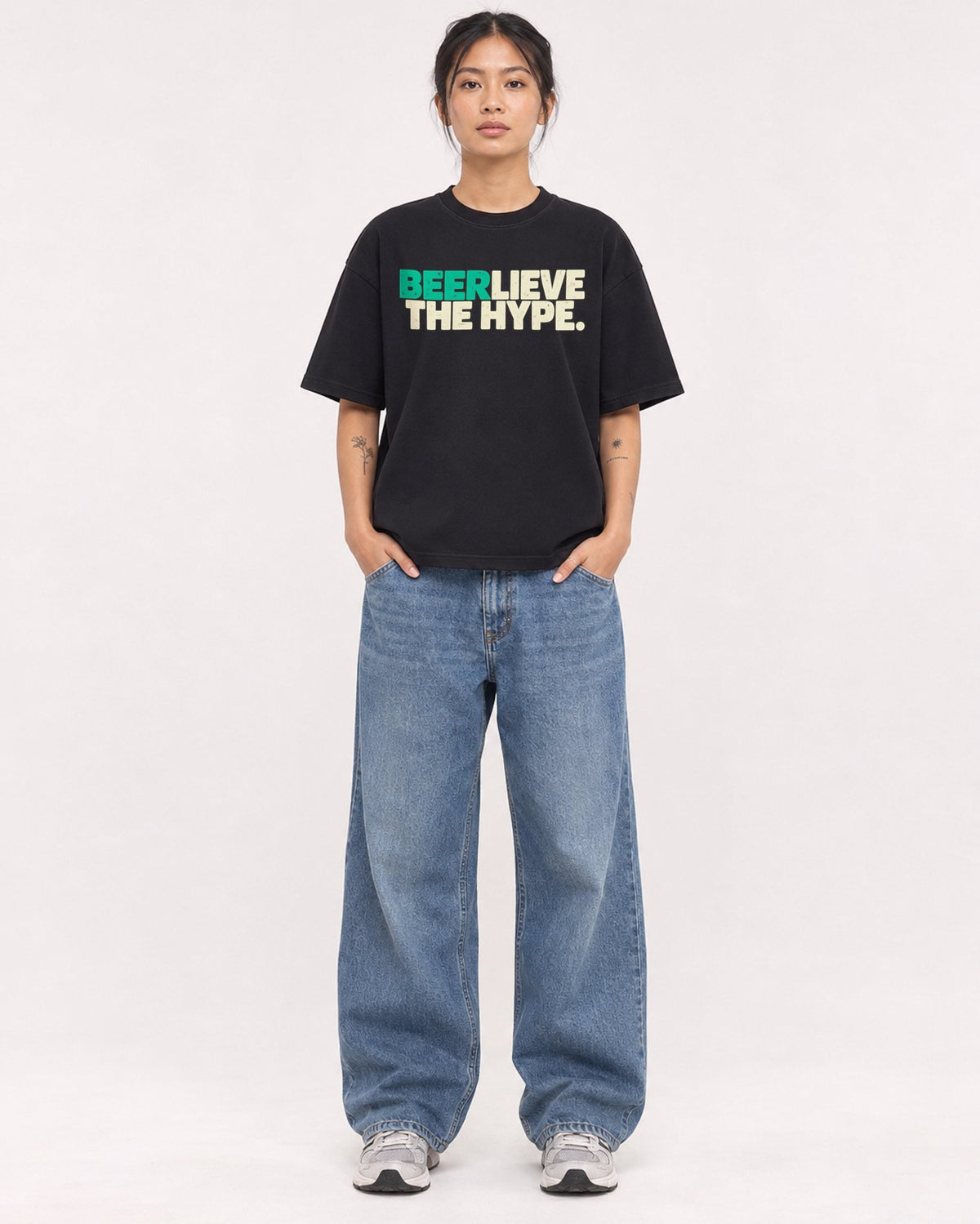 Mockup Boxy Heavyweight Tee Black female full-body 12