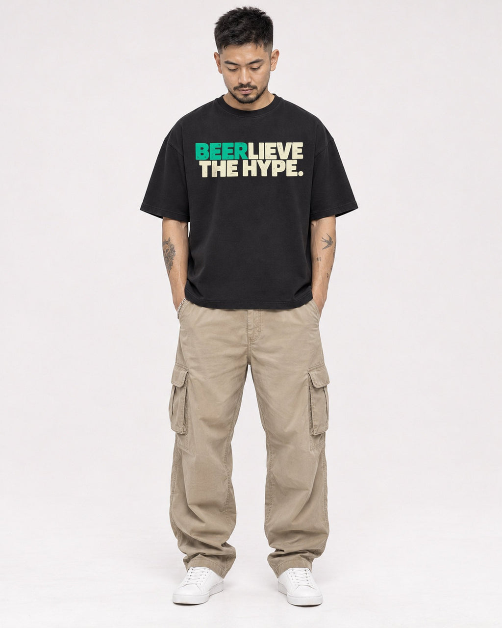 Mockup Boxy Heavyweight Tee Black male full-body 12