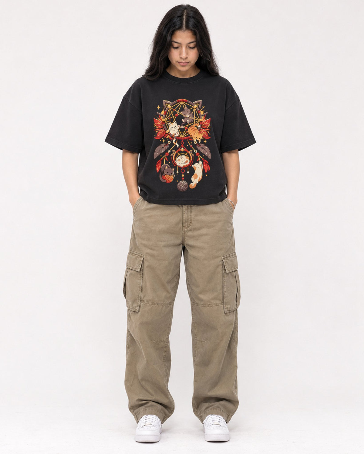 Mockup Boxy Heavyweight Tee Black female full-body 46